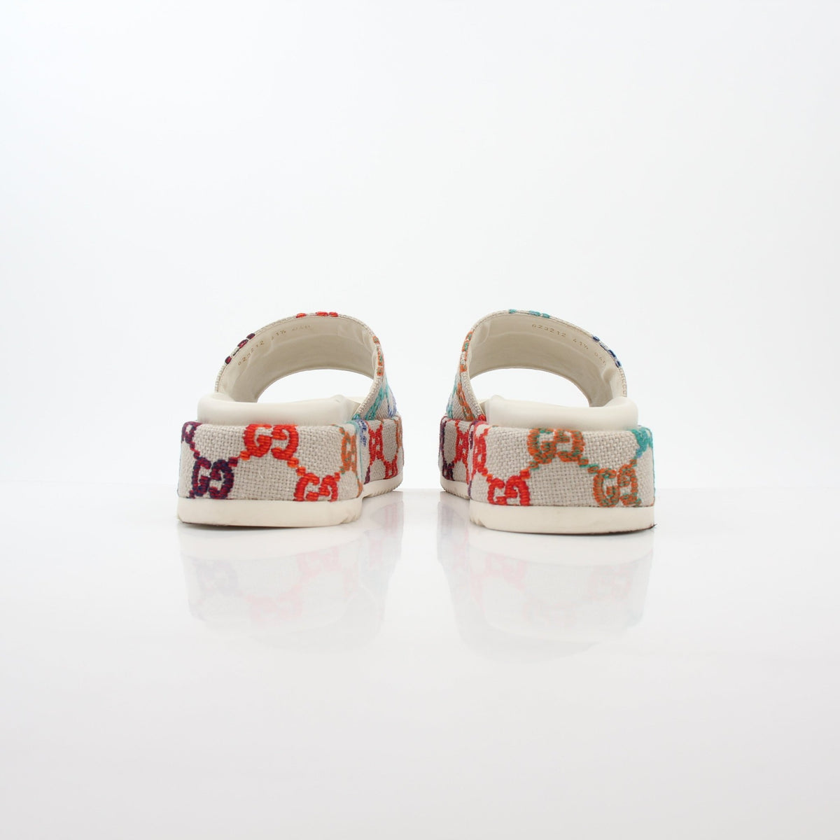 Gucci Mystic White Interlocking G cutout platform sandals with chunky heel and open toe, showcased on a model's feet.