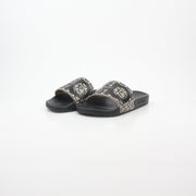 Black and beige Salvatore Ferragamo Groove 6 Gancini slide sandals with open toes and Gancini logo straps by Gold & Beyond