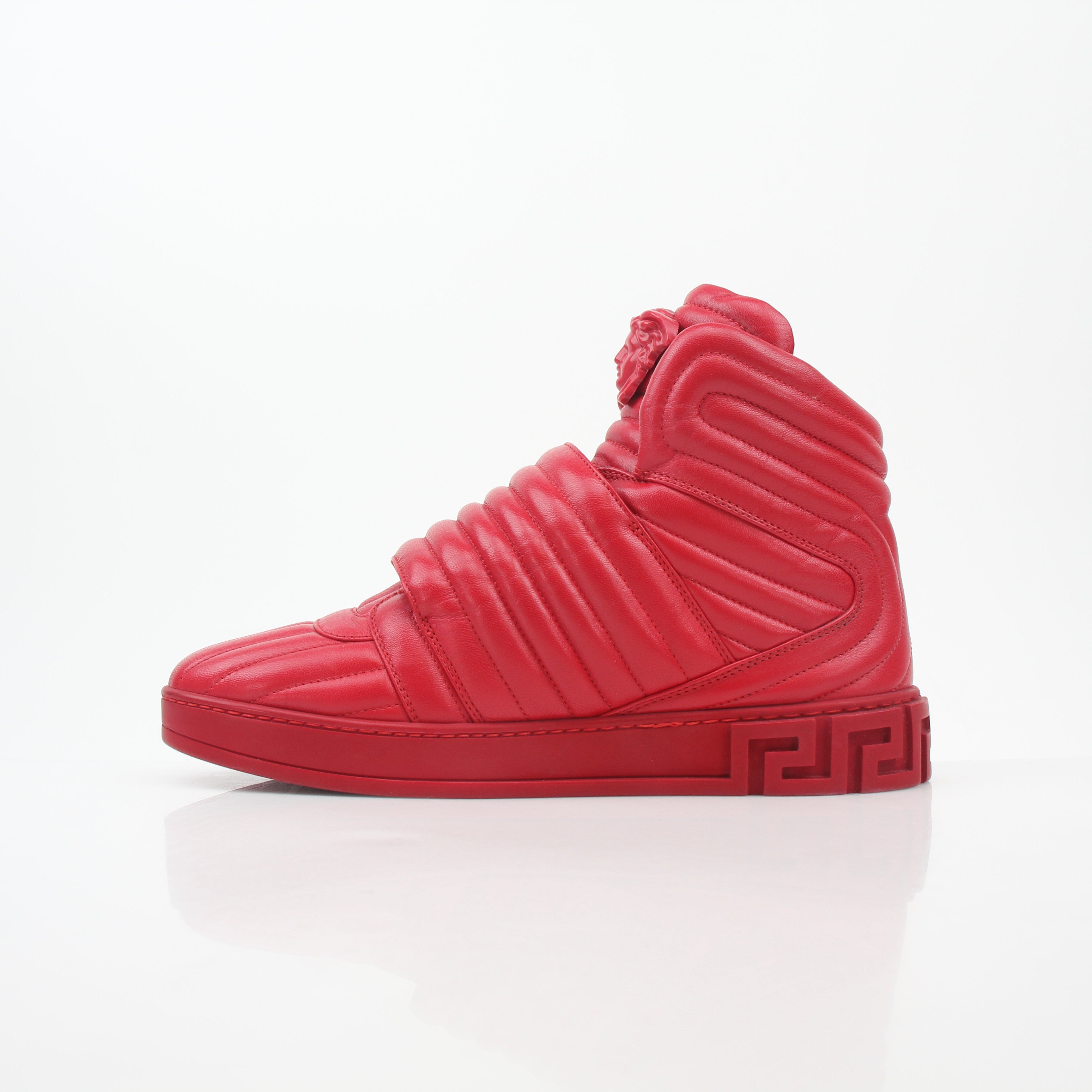 Gold & Beyond Versace Red Aros quilted leather high-top sneakers with stylish design and high-top silhouette.