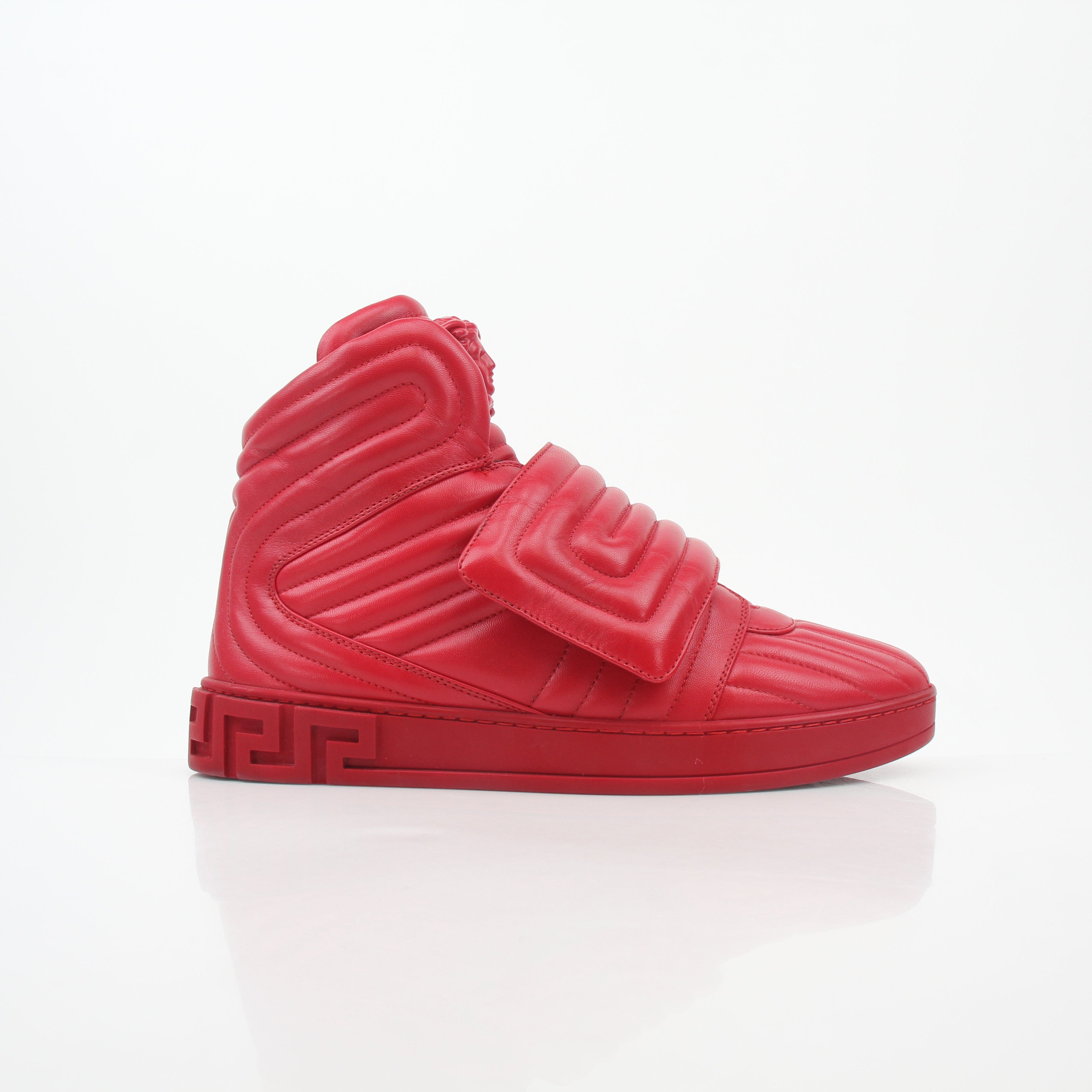 Gold & Beyond Versace Red Aros quilted leather high-top sneakers with stylish design and high-top silhouette.
