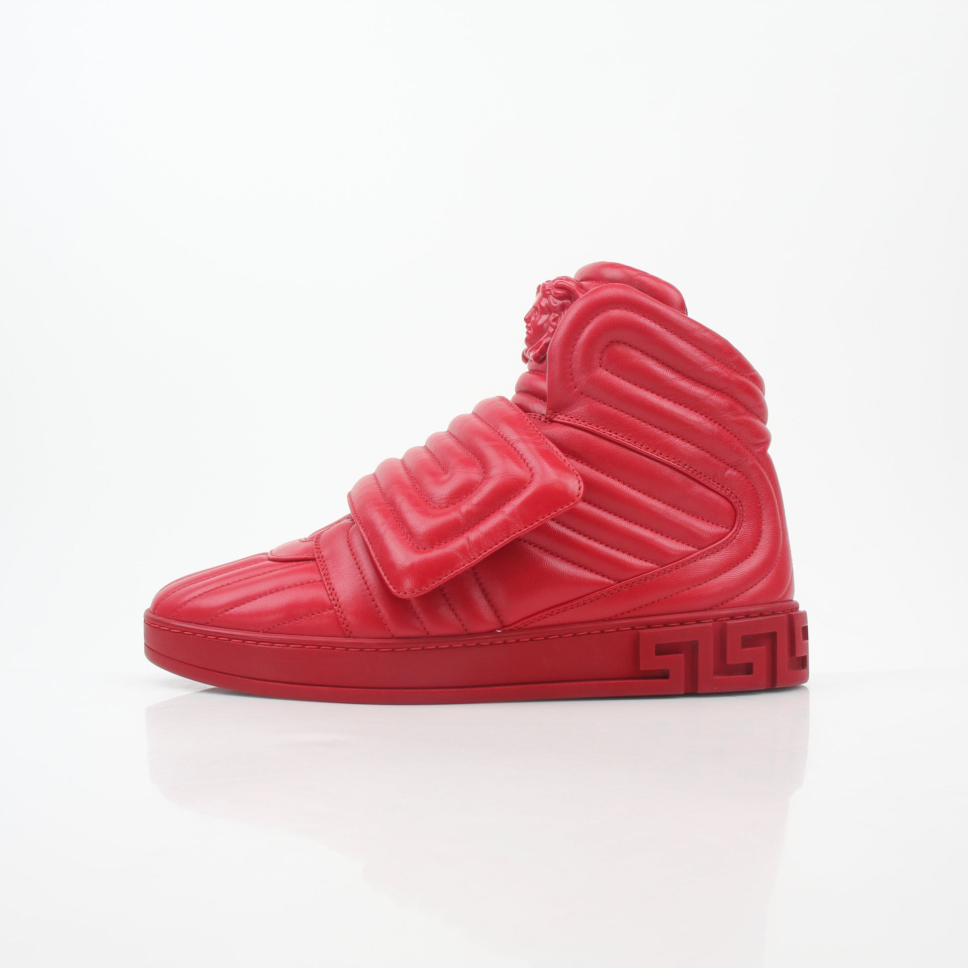 Gold & Beyond Versace Red Aros quilted leather high-top sneakers with stylish design and high-top silhouette.