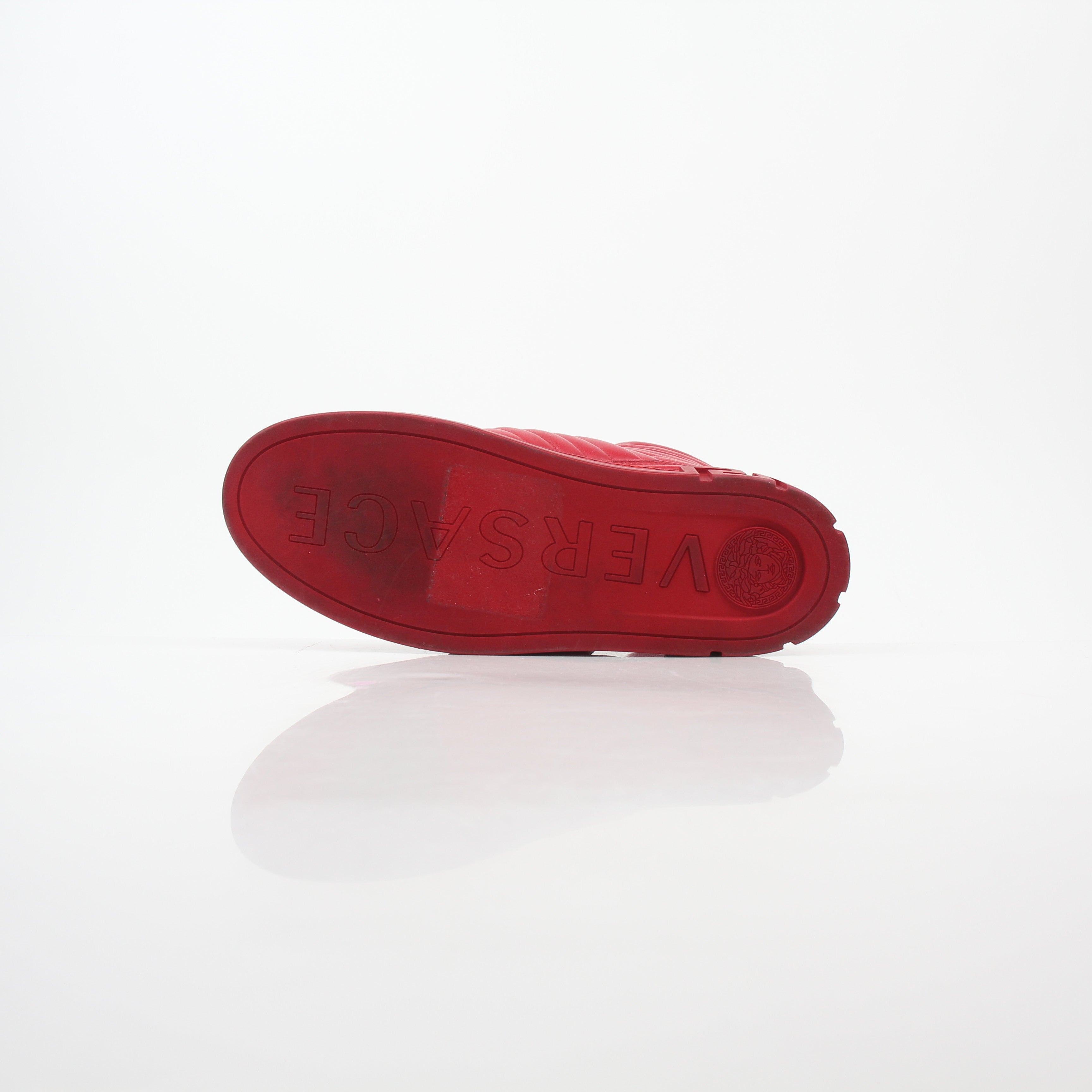 Gold & Beyond Versace Red Aros quilted leather high-top sneakers showing bold red leather with quilted design and high-top style.