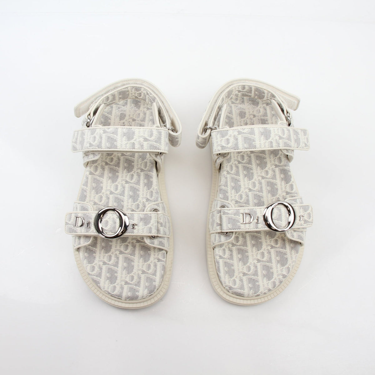 Christian Dior White and Gray Dioract Oblique Sandals, open-toe shoes with Dior signature pattern and elegant design.