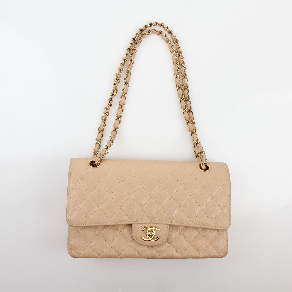 Chanel Beige Caviar Leather East West Double Flap Bag