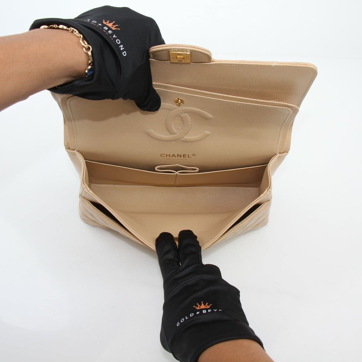 Chanel Beige Caviar Leather East West Double Flap Bag