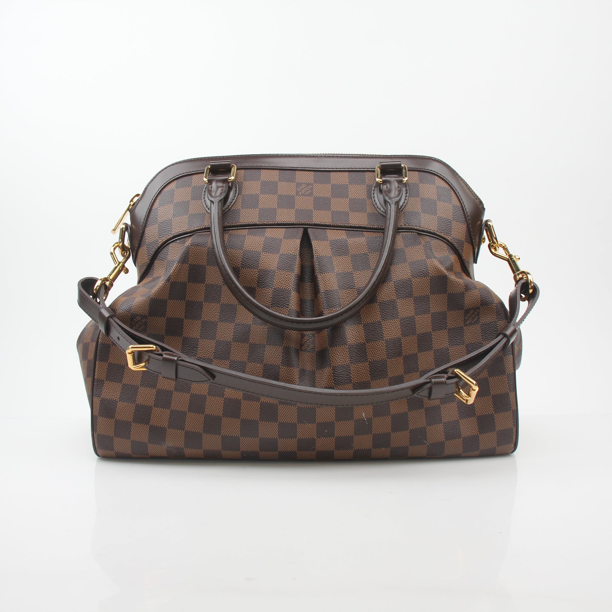 Louis Vuitton Damier Ebene Trevi GM handbag with leather trim and gold-tone hardware, shown in a close-up view.