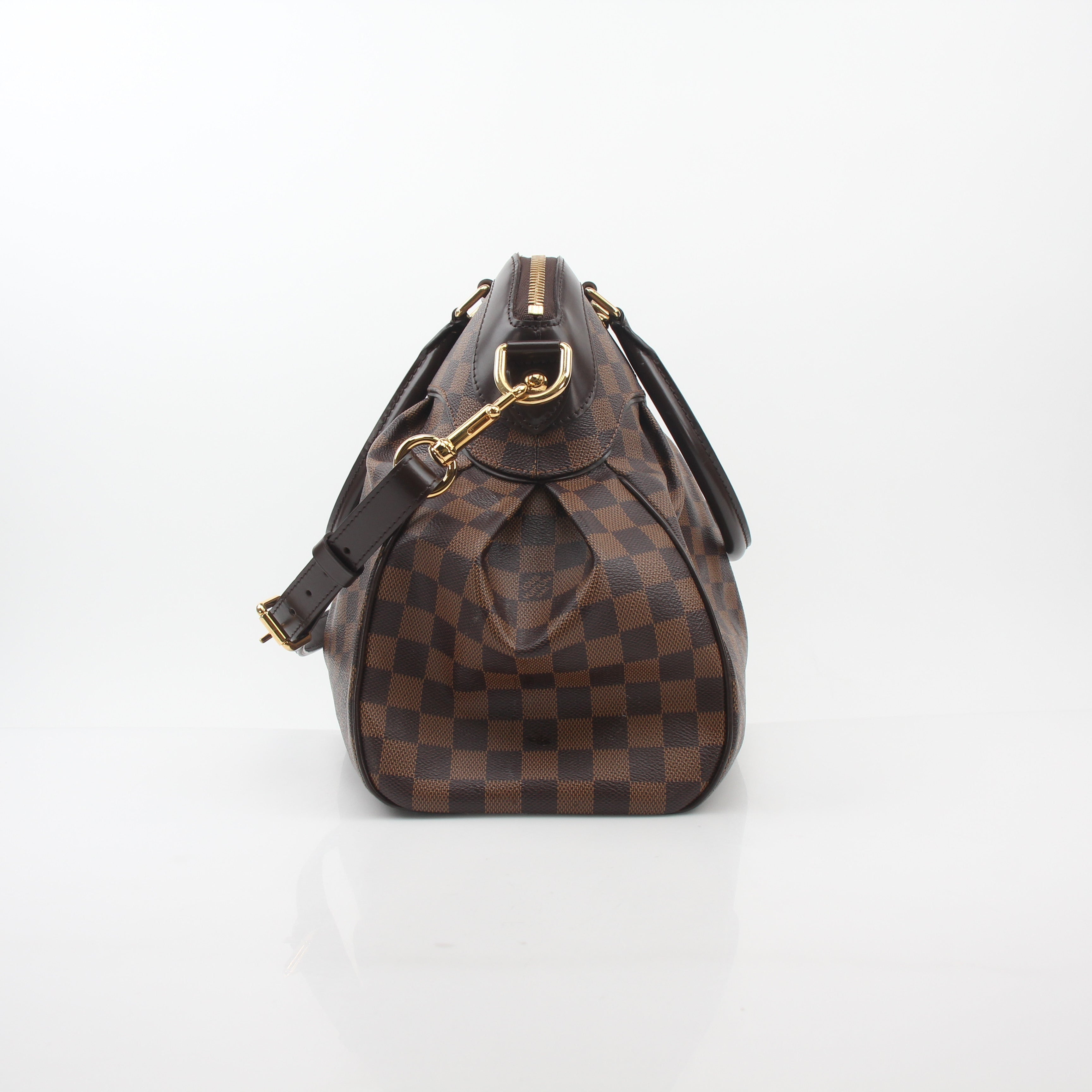 Louis Vuitton Damier Ebene Trevi GM handbag with gold hardware and leather handles, showcasing the signature checkered pattern.