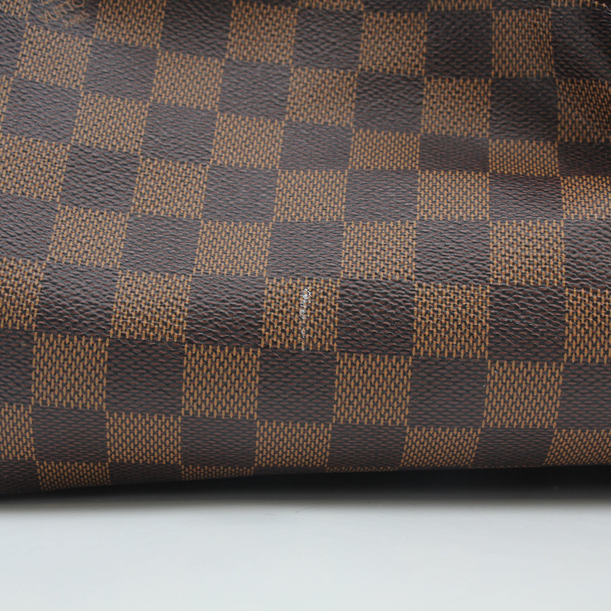 Louis Vuitton Damier Ebene Trevi GM handbag with gold-tone hardware and leather handles, showcasing the signature checkered pattern.