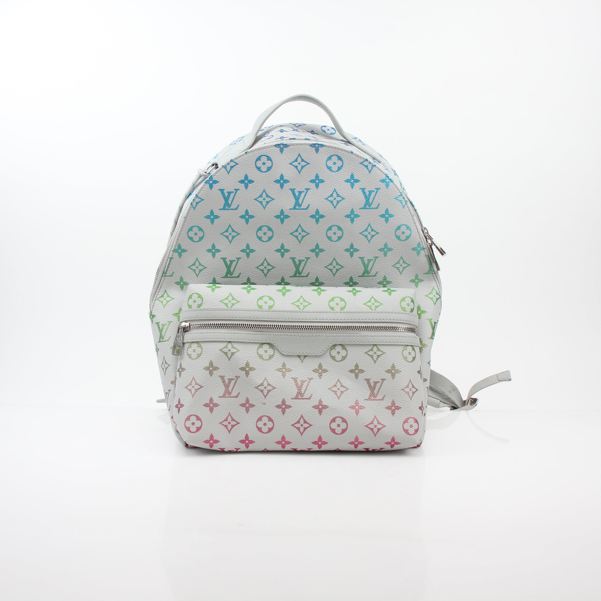 Louis Vuitton Iridescent Monogram Discovery Backpack PM, luxury travel bag with shiny monogram design and adjustable straps.