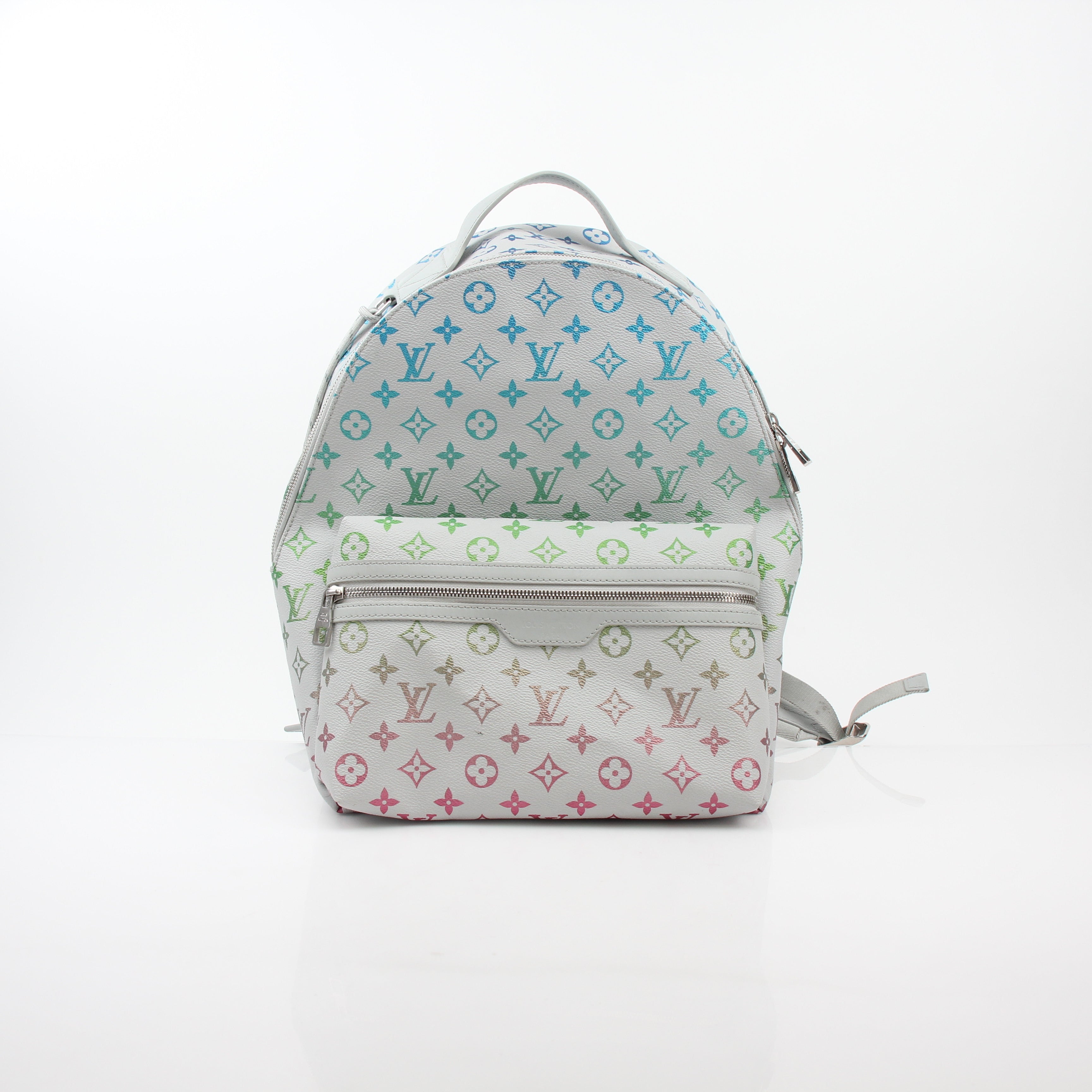 Louis Vuitton Iridescent Monogram Discovery Backpack PM, luxury travel bag with shiny monogram design and adjustable straps.