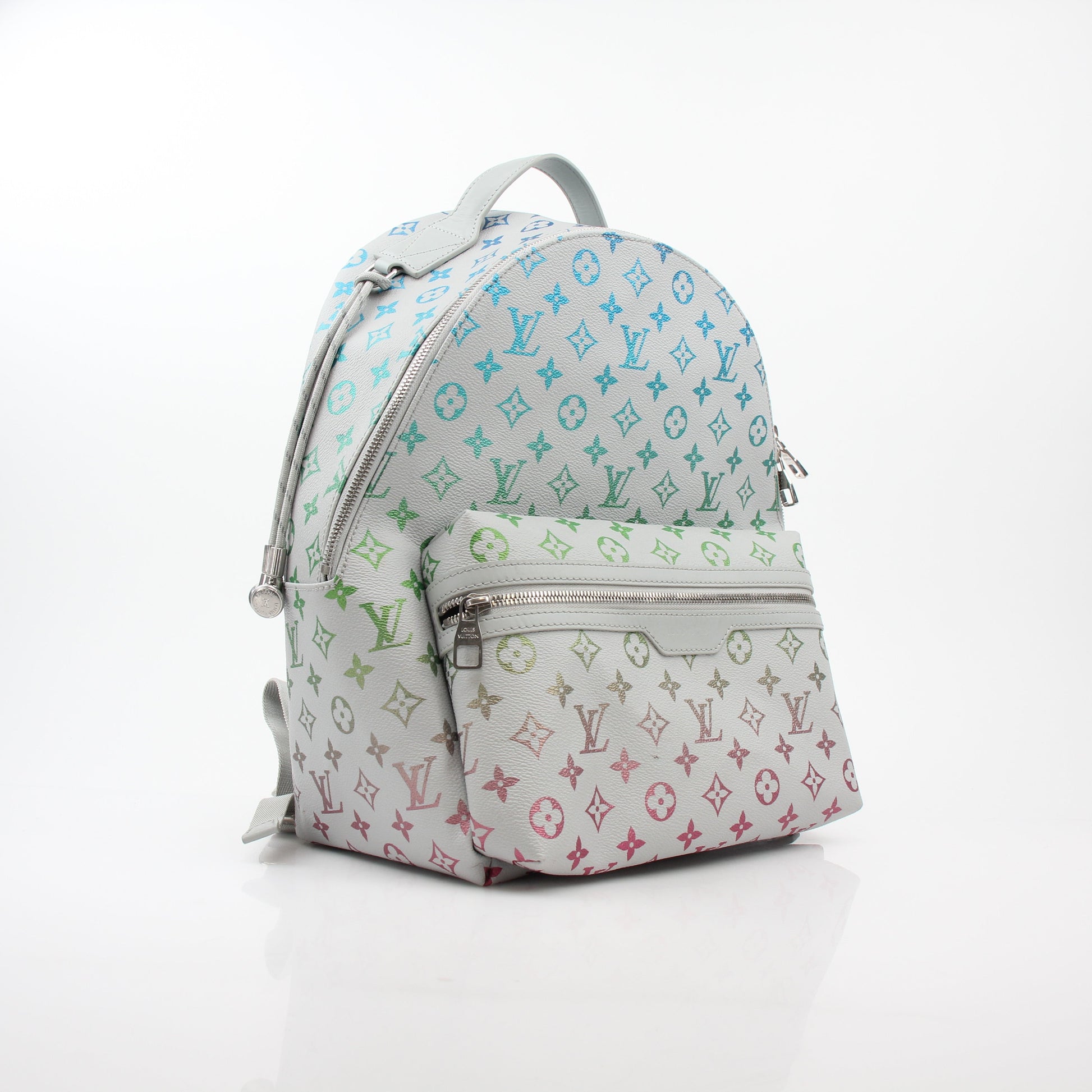 Louis Vuitton Iridescent Monogram Discovery Backpack PM, luxury travel bag with iridescent monogram and adjustable straps.
