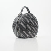 Black Balenciaga logo XS Vanity round handbag with gold accents, featuring a compact, stylish design on a white background.
