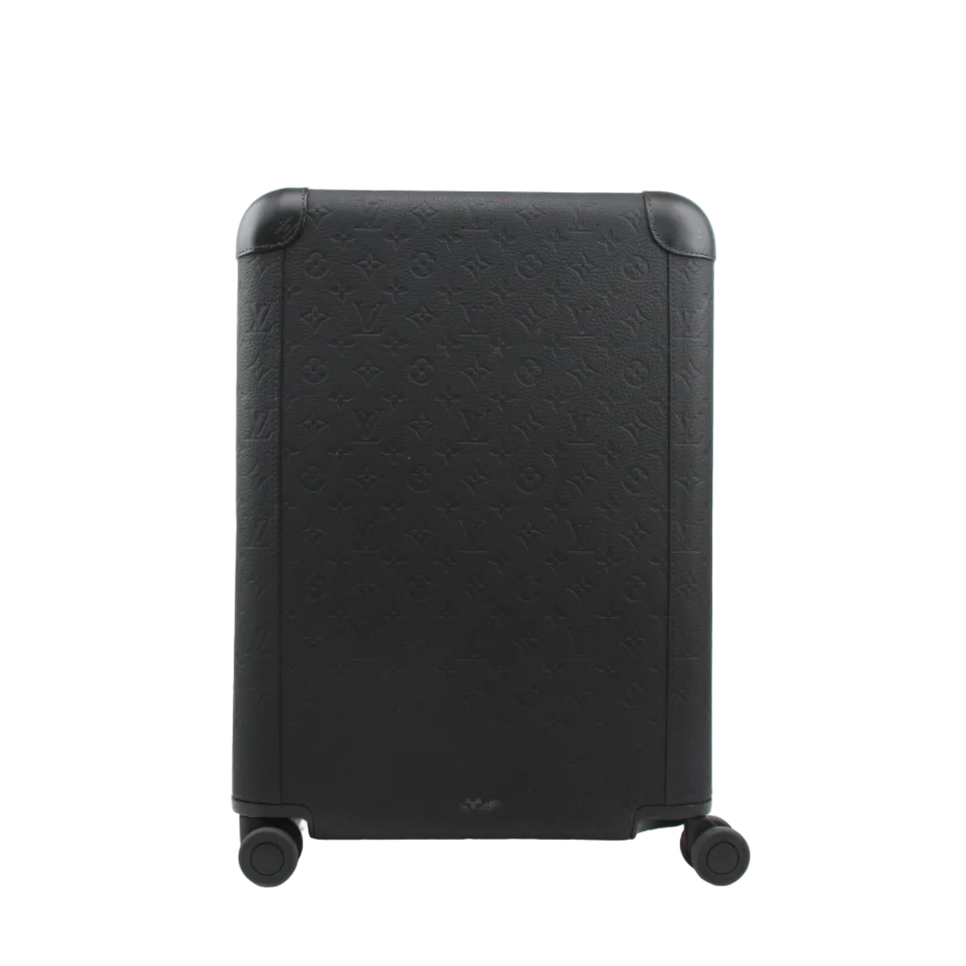 Black Louis Vuitton Horizon 55 Taurillon Monogram rolling luggage with sturdy handle and four wheels, designed for travel.