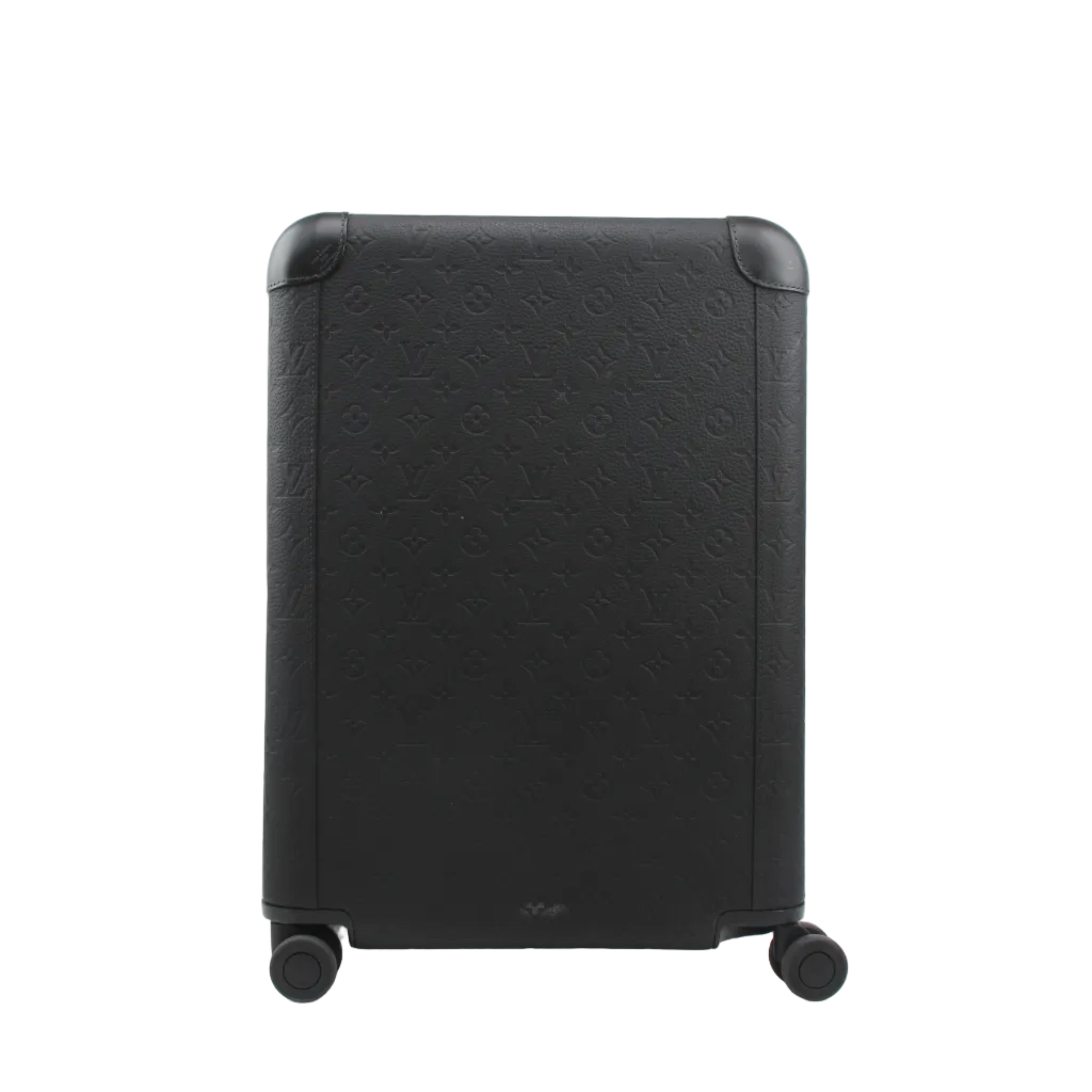 Black Louis Vuitton Horizon 55 Taurillon Monogram rolling luggage with sturdy handle and four wheels, designed for travel.