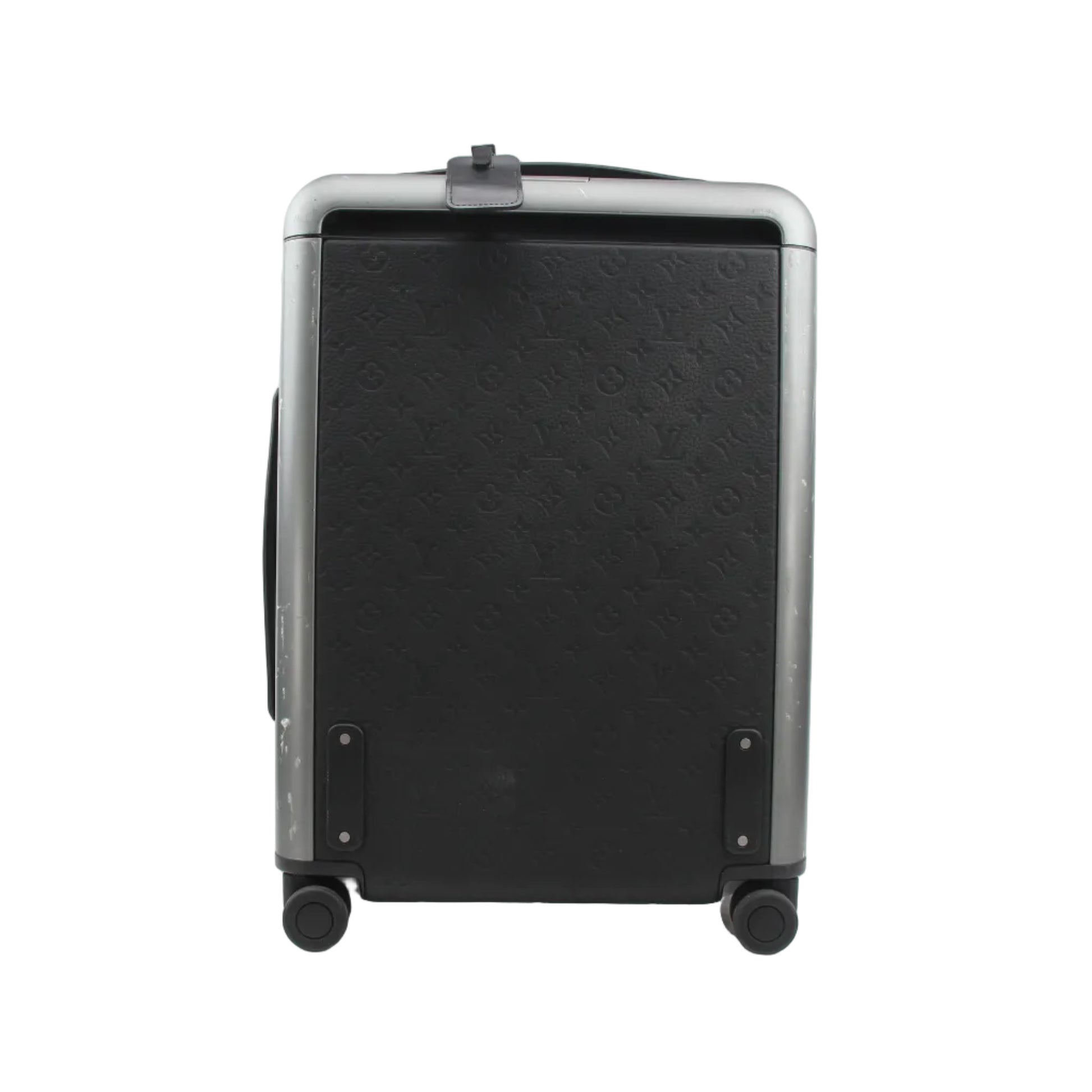 Louis Vuitton Black Horizon 55 Taurillon Monogram rolling luggage with sturdy travel bag design and gold accents.