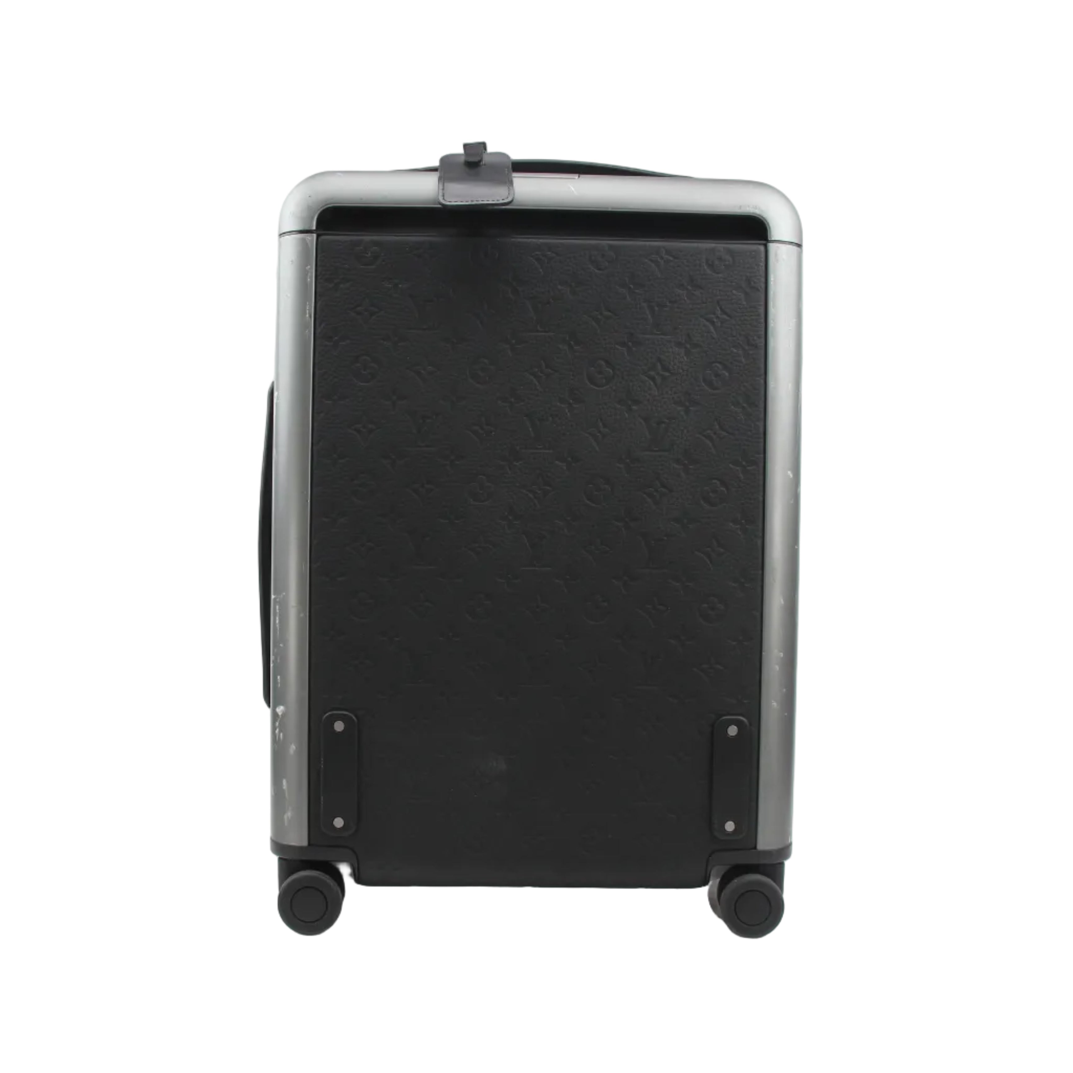 Louis Vuitton Black Horizon 55 Taurillon Monogram rolling luggage with sturdy travel bag design and gold accents.