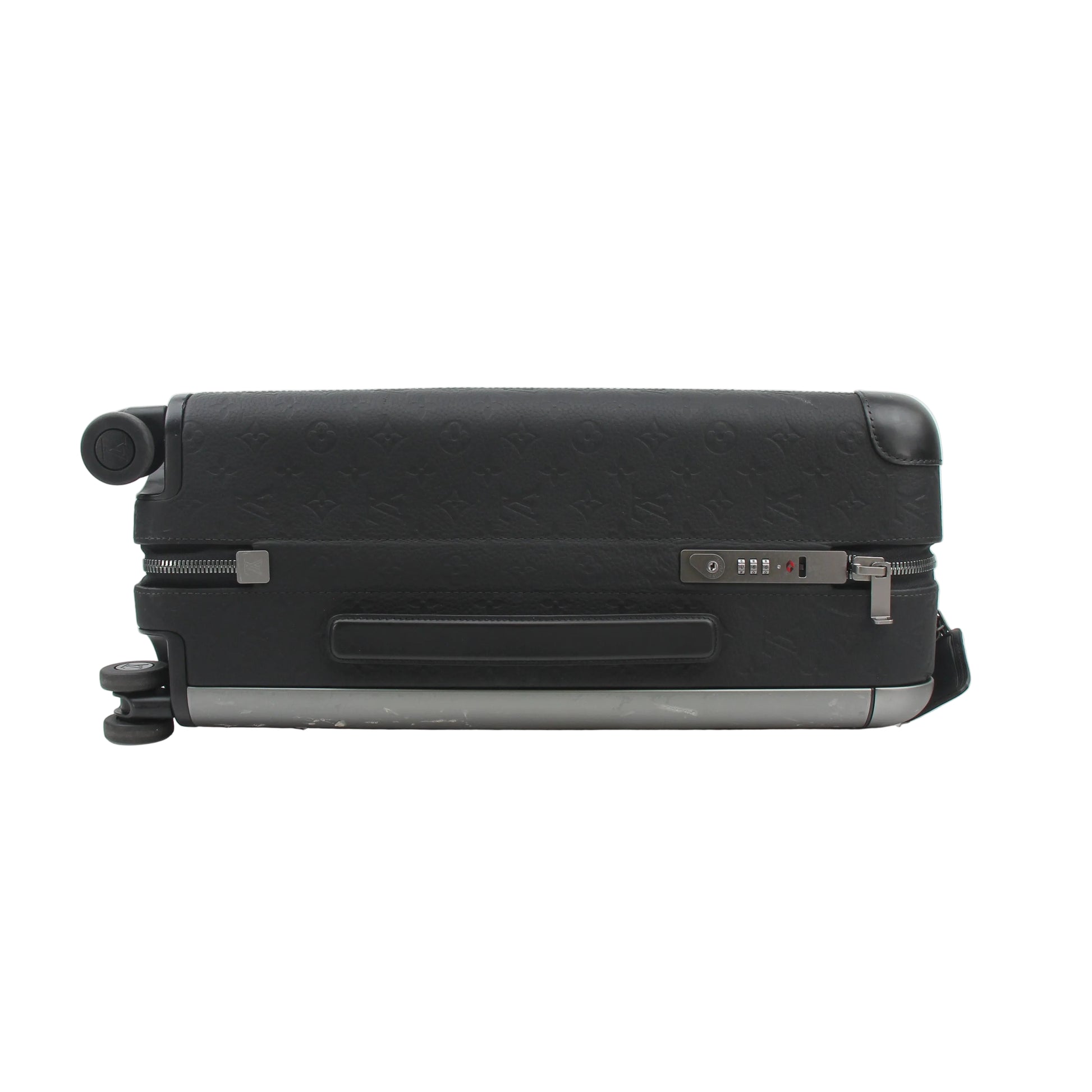 Louis Vuitton Horizon 55 Taurillon Monogram rolling luggage in black, durable travel bag with spacious interior and sturdy wheels.