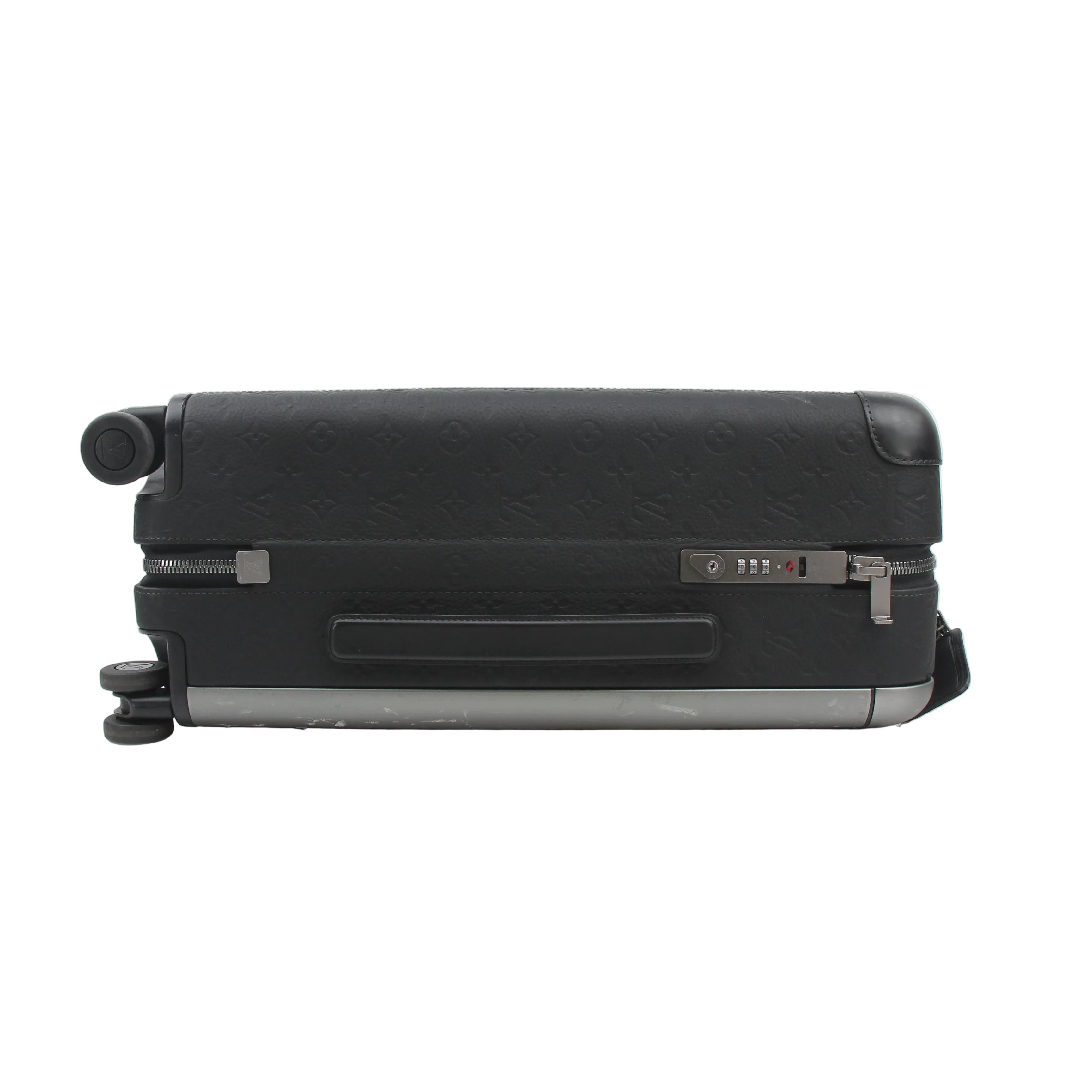Louis Vuitton Horizon 55 Taurillon Monogram rolling luggage in black, durable travel bag with spacious interior and sturdy wheels.