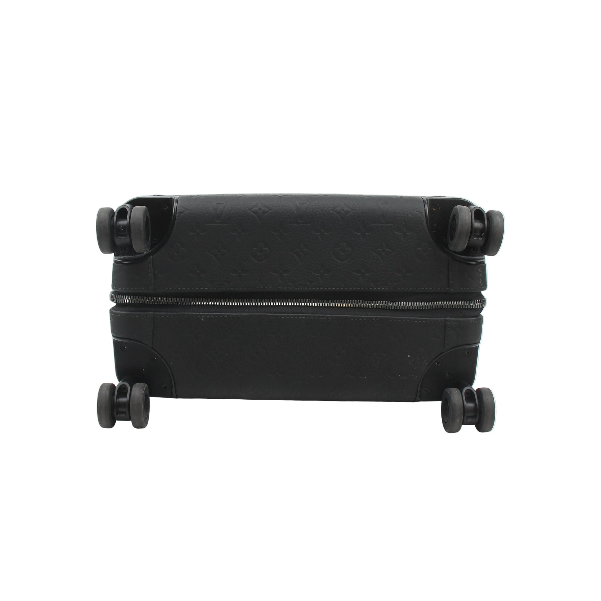 Louis Vuitton Horizon 55 Taurillon Monogram rolling luggage in black with gold accents, featuring sturdy wheels and a telescopic handle.
