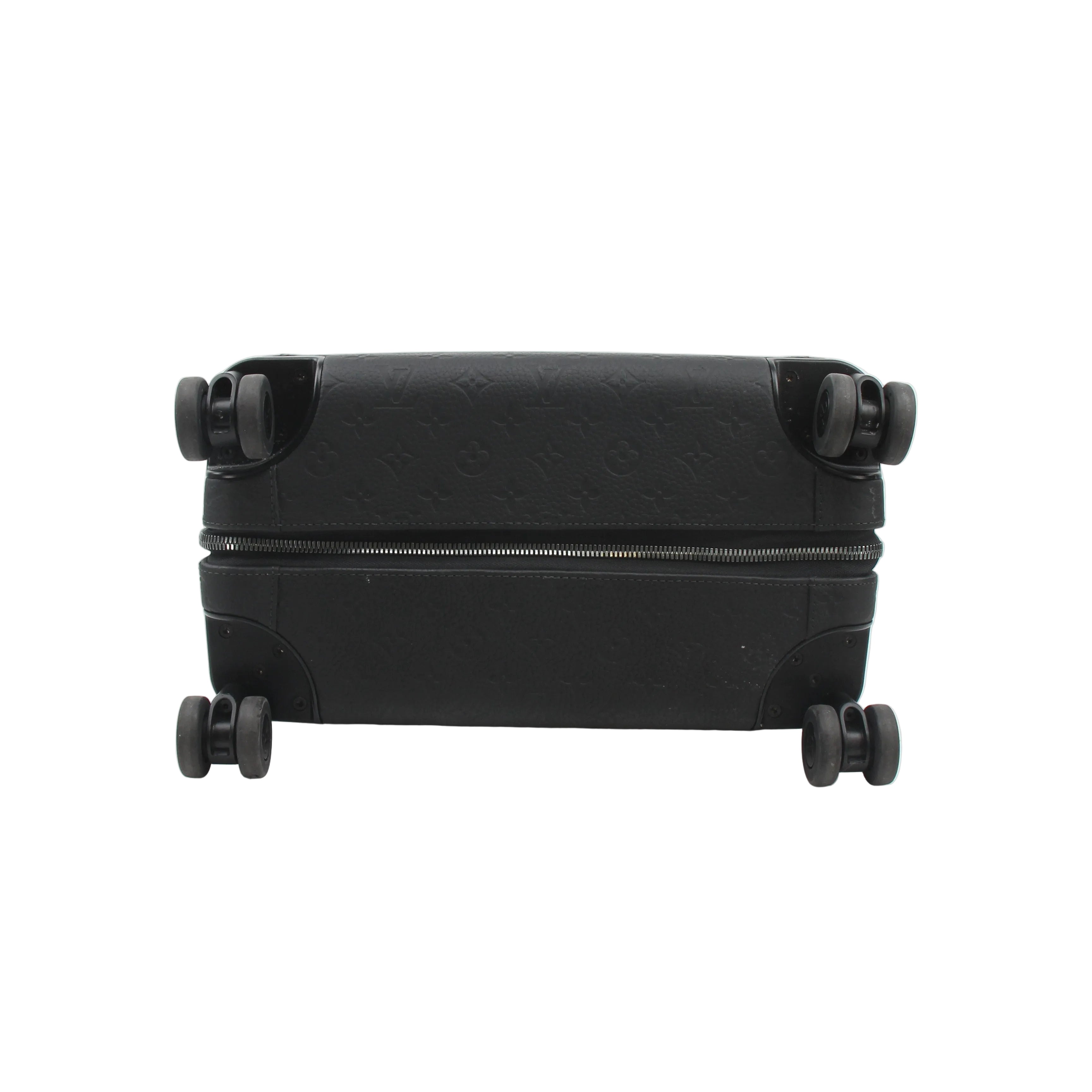 Louis Vuitton Horizon 55 Taurillon Monogram rolling luggage in black with gold accents, featuring sturdy wheels and a telescopic handle.