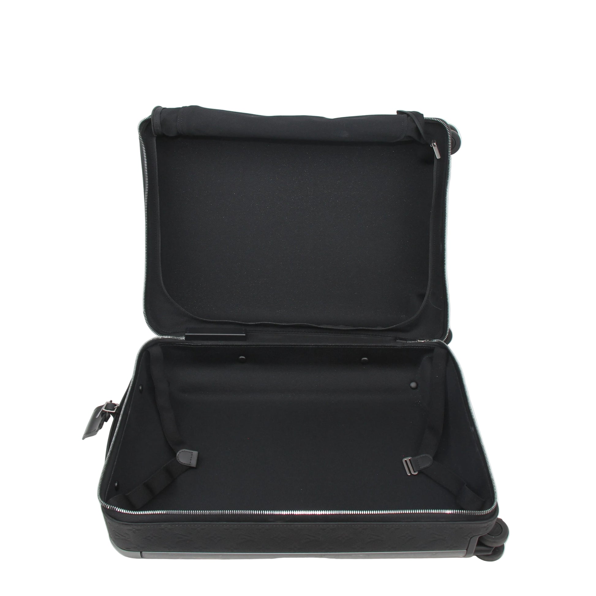 Louis Vuitton Black Horizon 55 Taurillon Monogram rolling luggage with four wheels and telescopic handle, designed for travel.