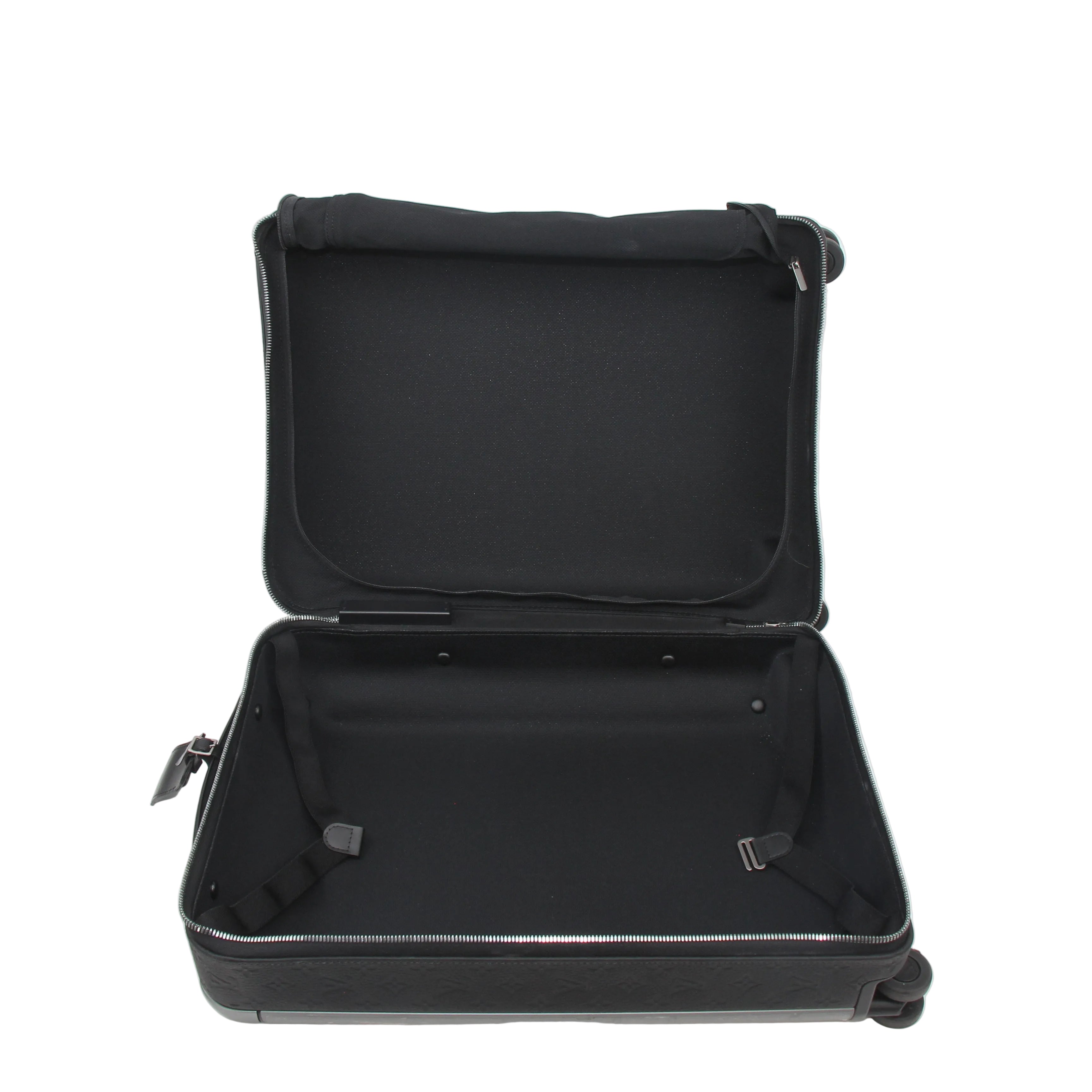 Louis Vuitton Black Horizon 55 Taurillon Monogram rolling luggage with four wheels and telescopic handle, designed for travel.