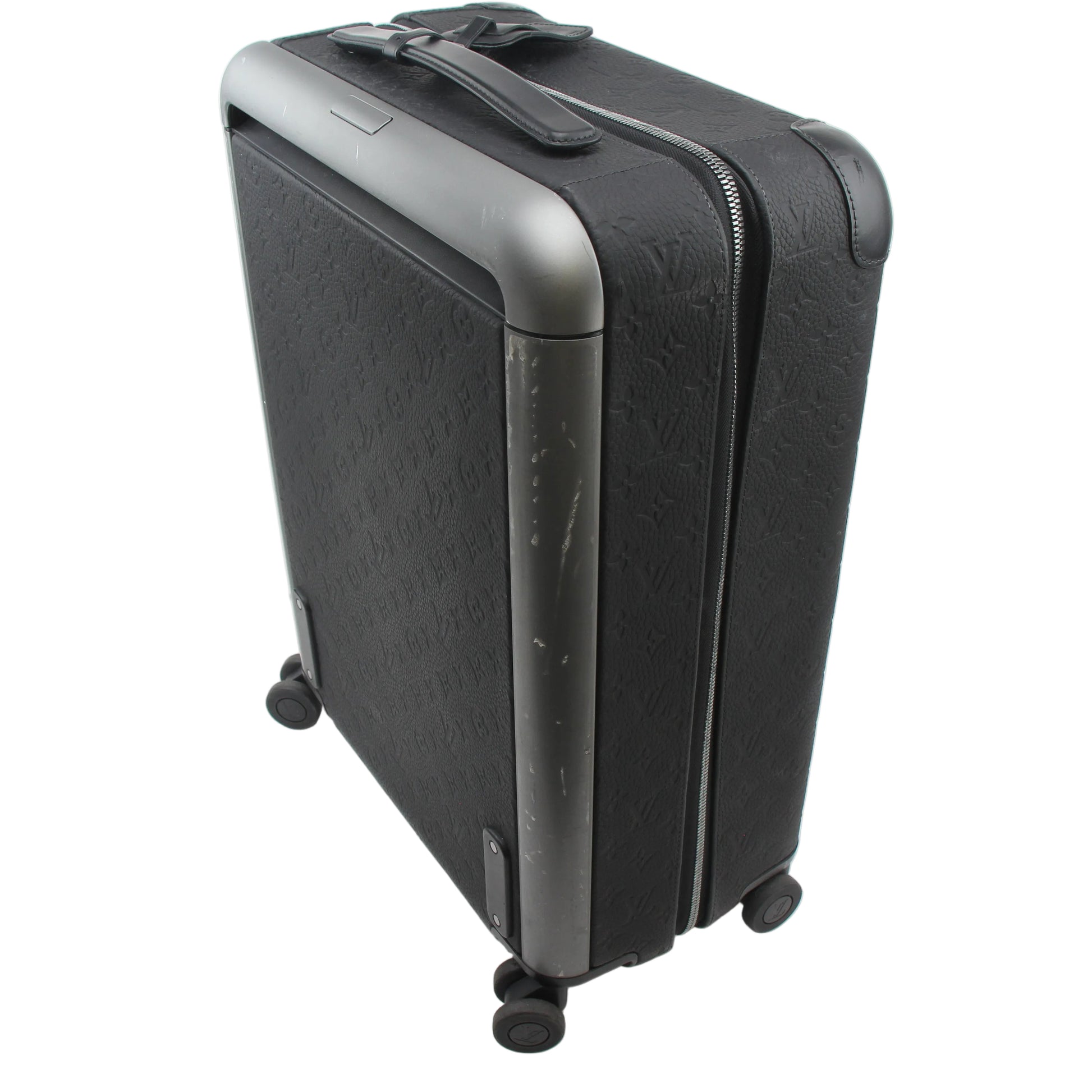 Louis Vuitton Horizon 55 Taurillon Monogram rolling luggage in black with gold accents, featuring sturdy wheels and a telescoping handle.