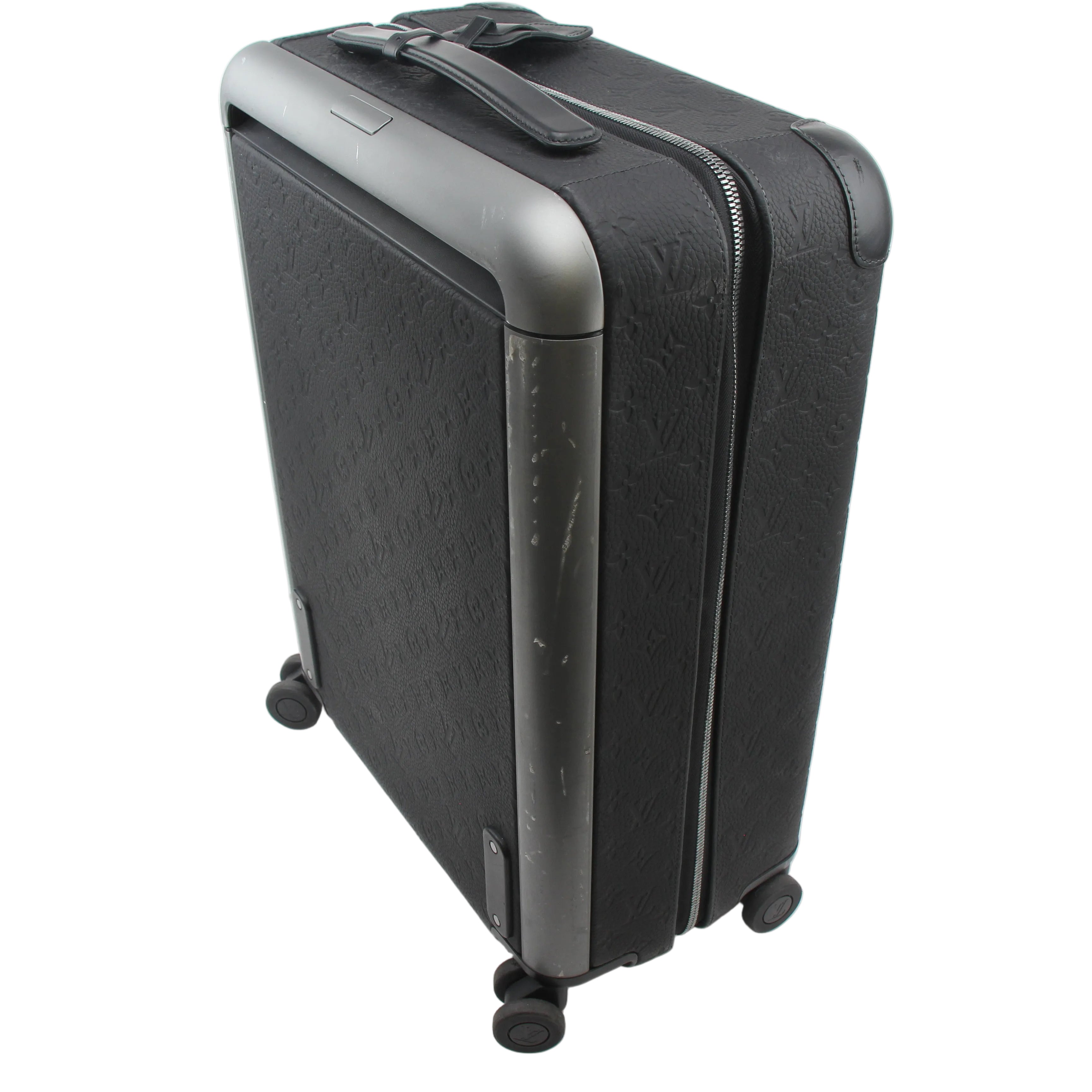 Louis Vuitton Horizon 55 Taurillon Monogram rolling luggage in black with gold accents, featuring sturdy wheels and a telescoping handle.
