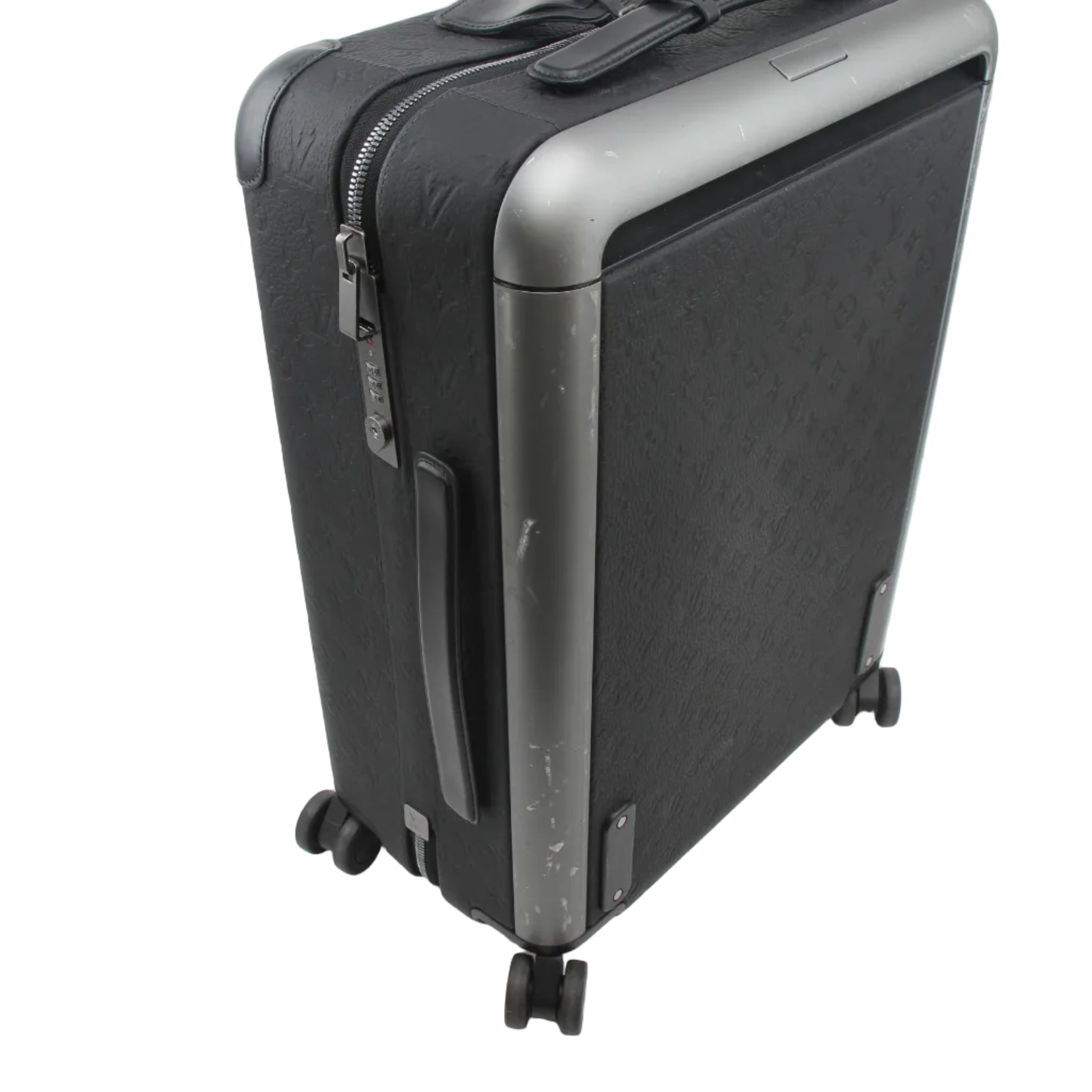 Louis Vuitton Black Horizon 55 Taurillon Monogram rolling luggage with four wheels and extendable handle, designed for travel.