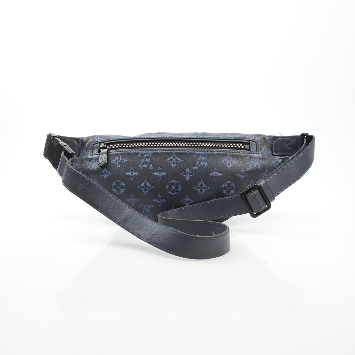 Louis Vuitton Blue Monogram Shadow Discovery Bumbag handbag with adjustable strap and gold-tone hardware, displayed on a neutral background.