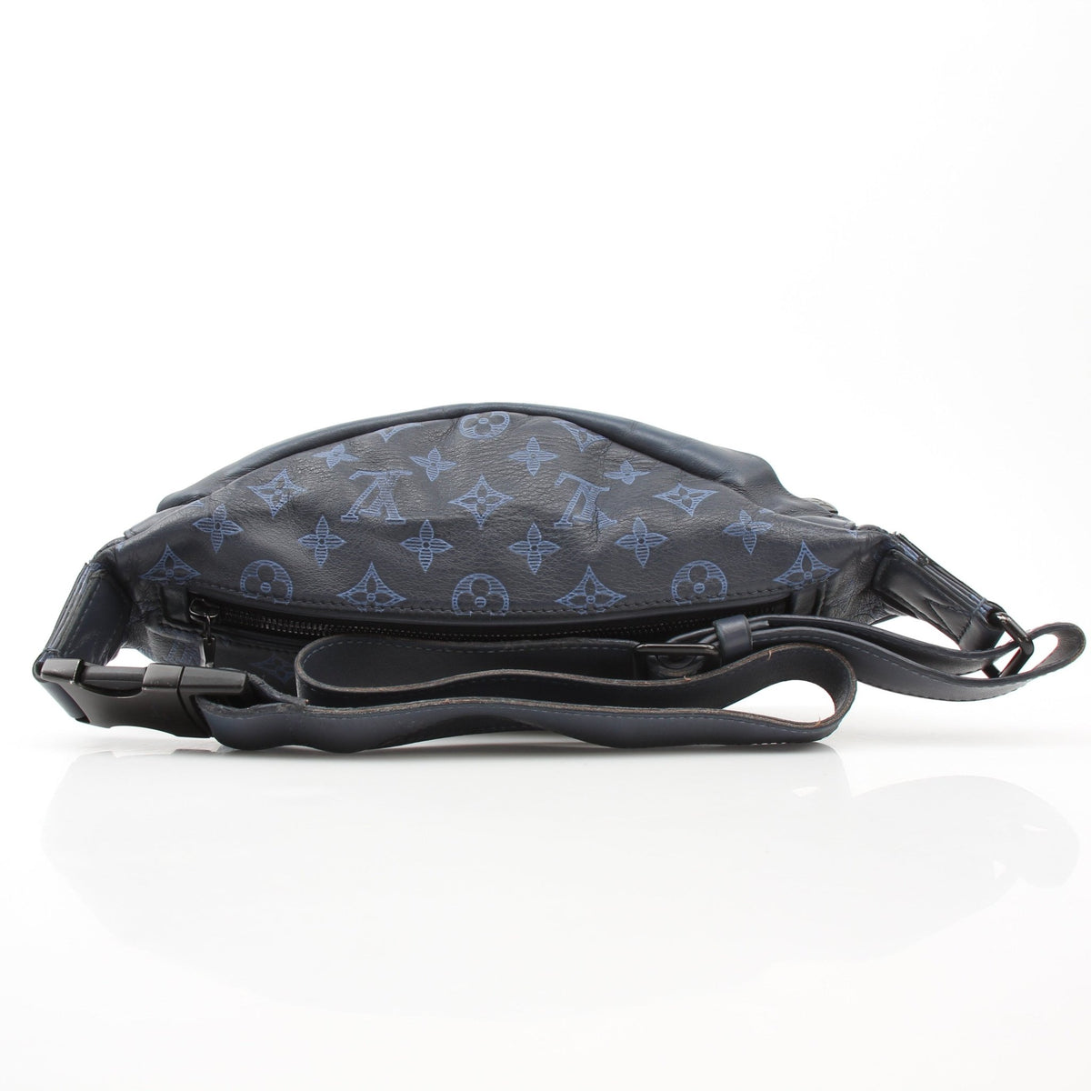 Blue Louis Vuitton Monogram Shadow Discovery Bumbag handbag with gold accents and adjustable strap, stylish and compact for everyday use.