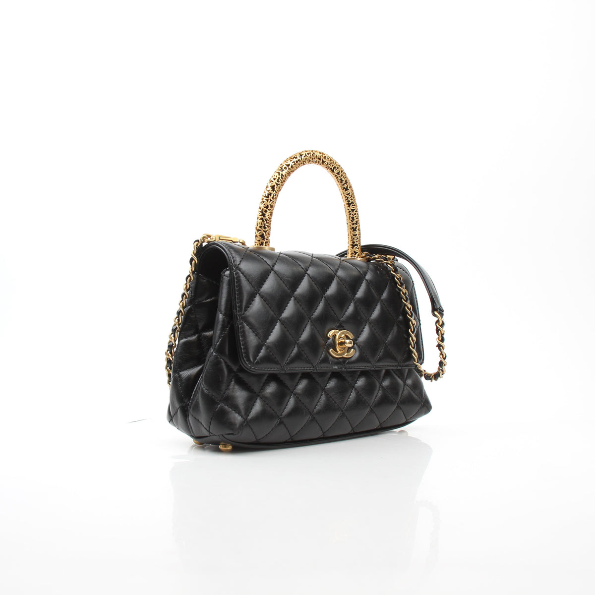 Chanel Black Quilted Lambskin Logo Metal Top Handle Flap Bag