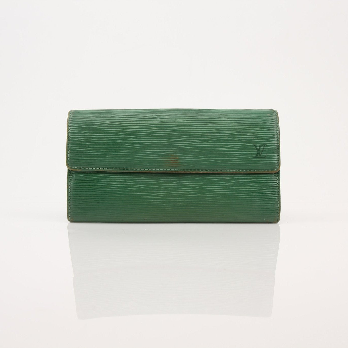 Louis Vuitton Epi Sarah Wallet by Gold & Beyond, featuring textured leather and multiple card slots, shown in a close-up view.