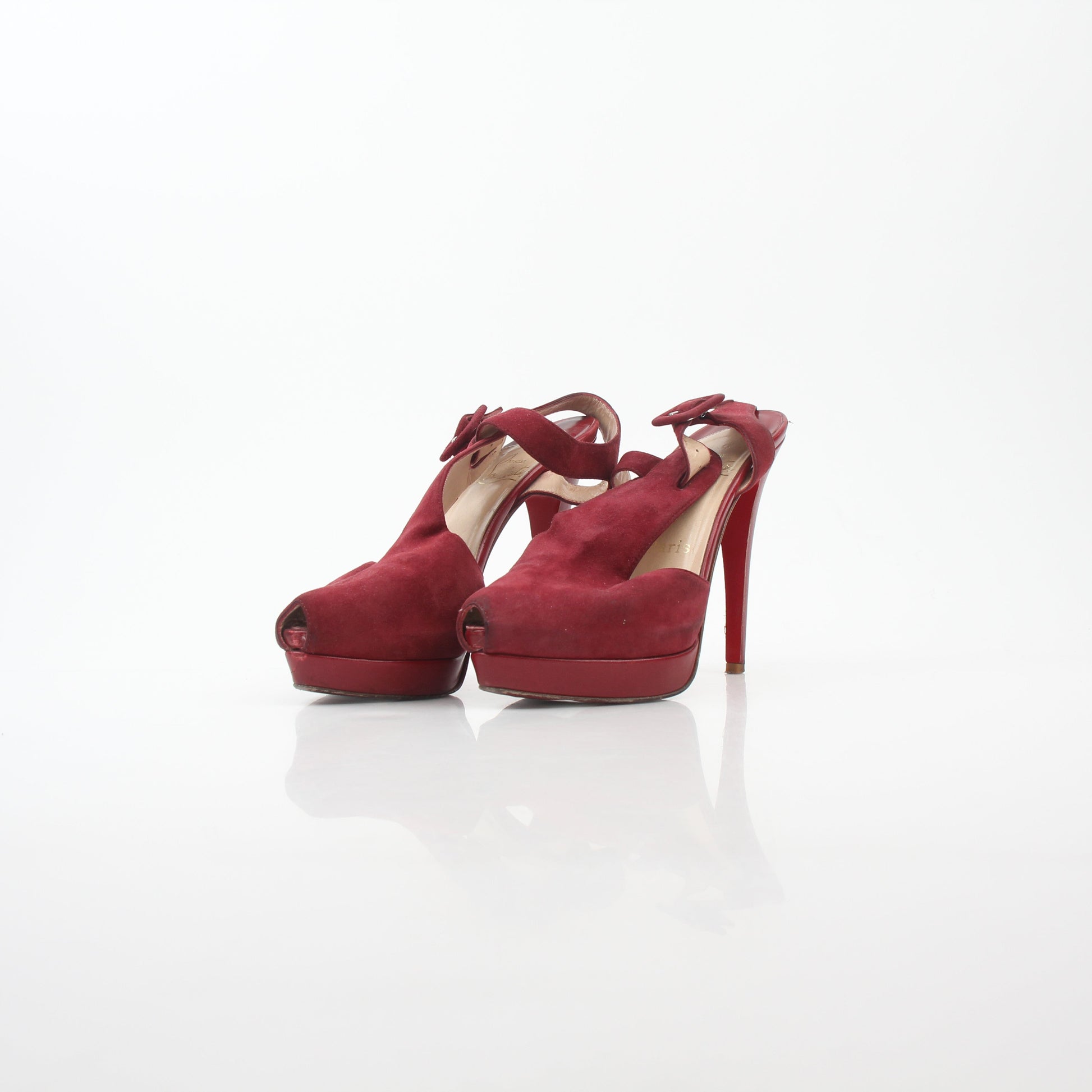 Christian Louboutin Red Orlan 140 suede T-strap heels with stiletto heel and elegant design.