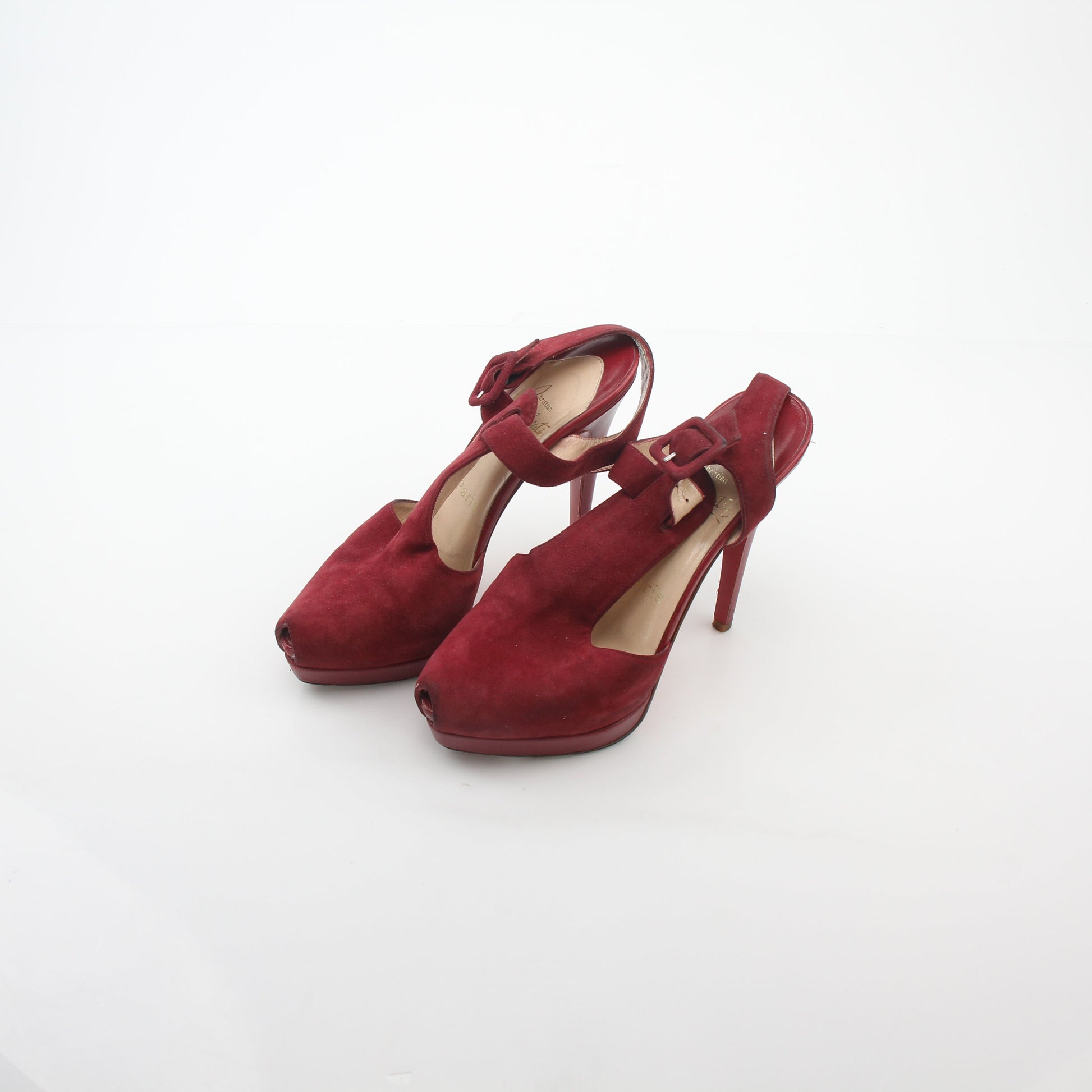 Christian Louboutin Red Orlan 140 suede T-strap heels with pointed toe and stiletto heel, stylish and elegant footwear.
