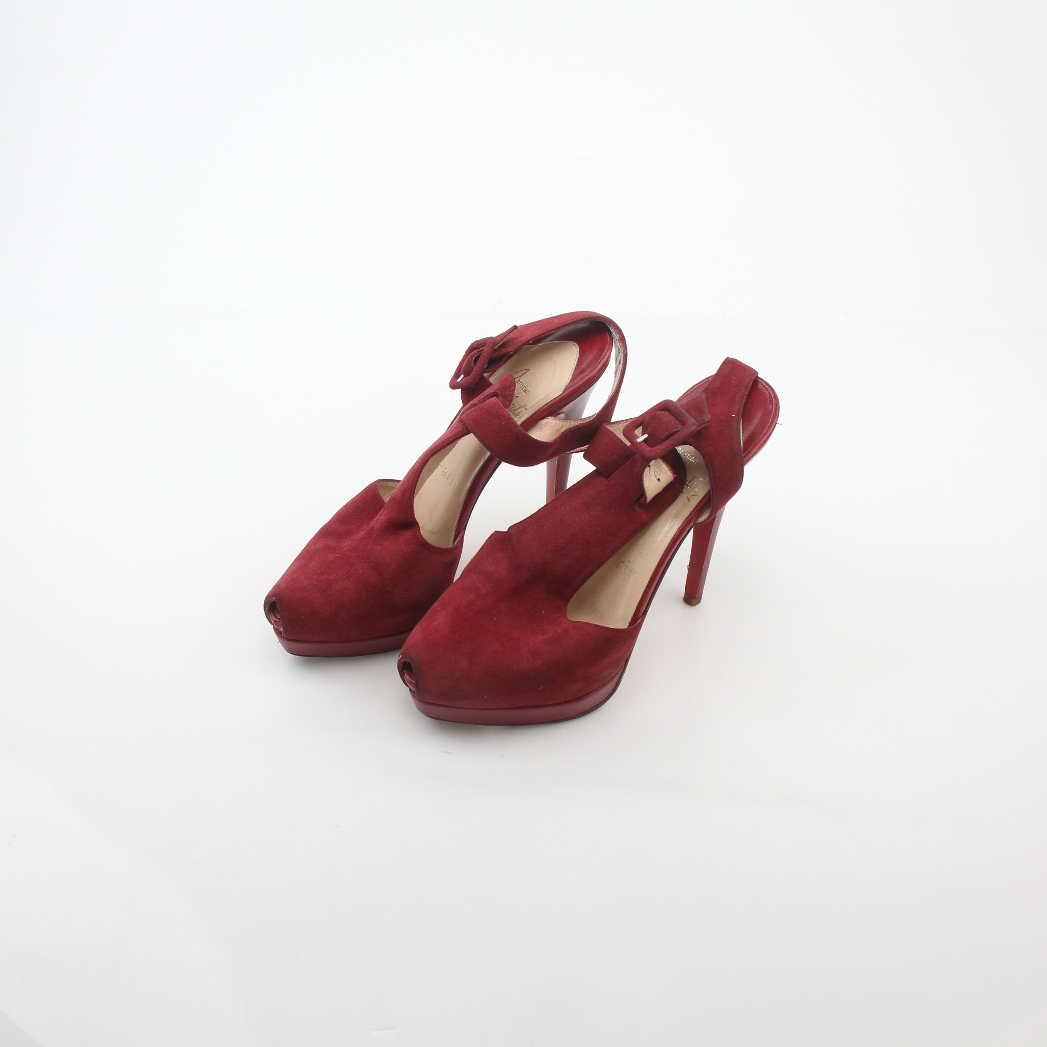 Christian Louboutin Red Orlan 140 suede T-strap heels with pointed toe and stiletto heel, stylish and elegant footwear.