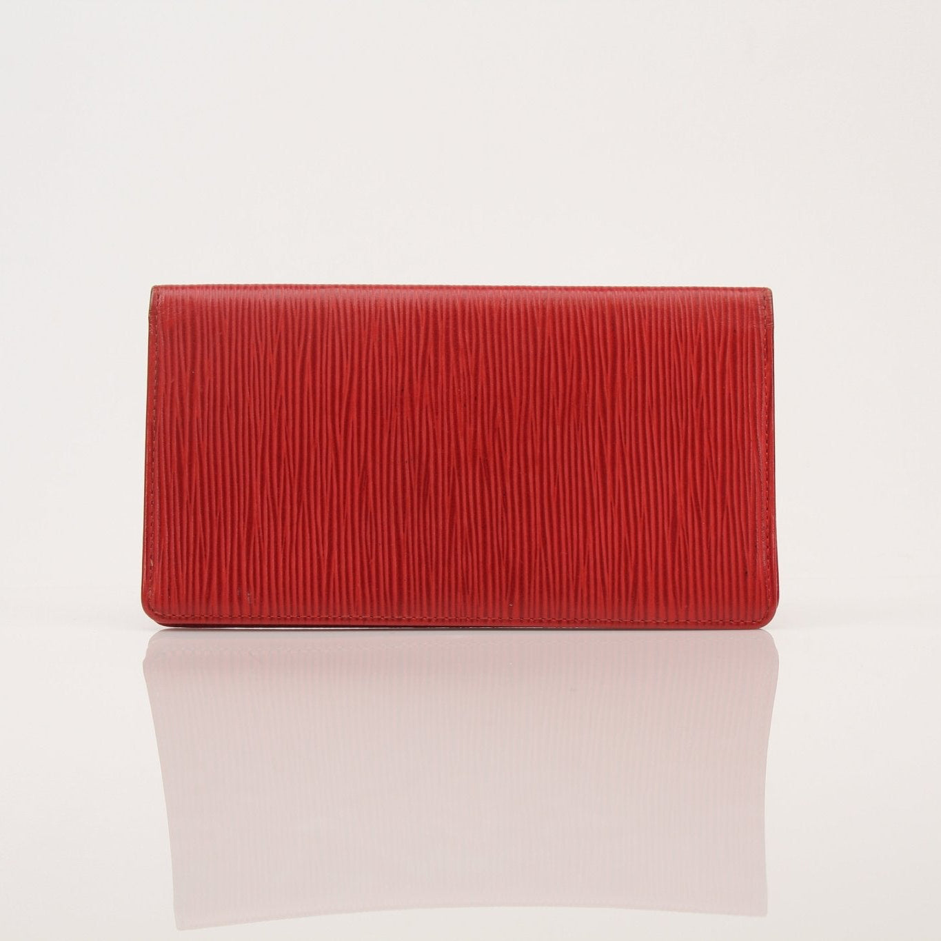 Louis Vuitton Epi Checkbook Wallet by Gold & Beyond, featuring textured leather and multiple card slots on a neutral background.
