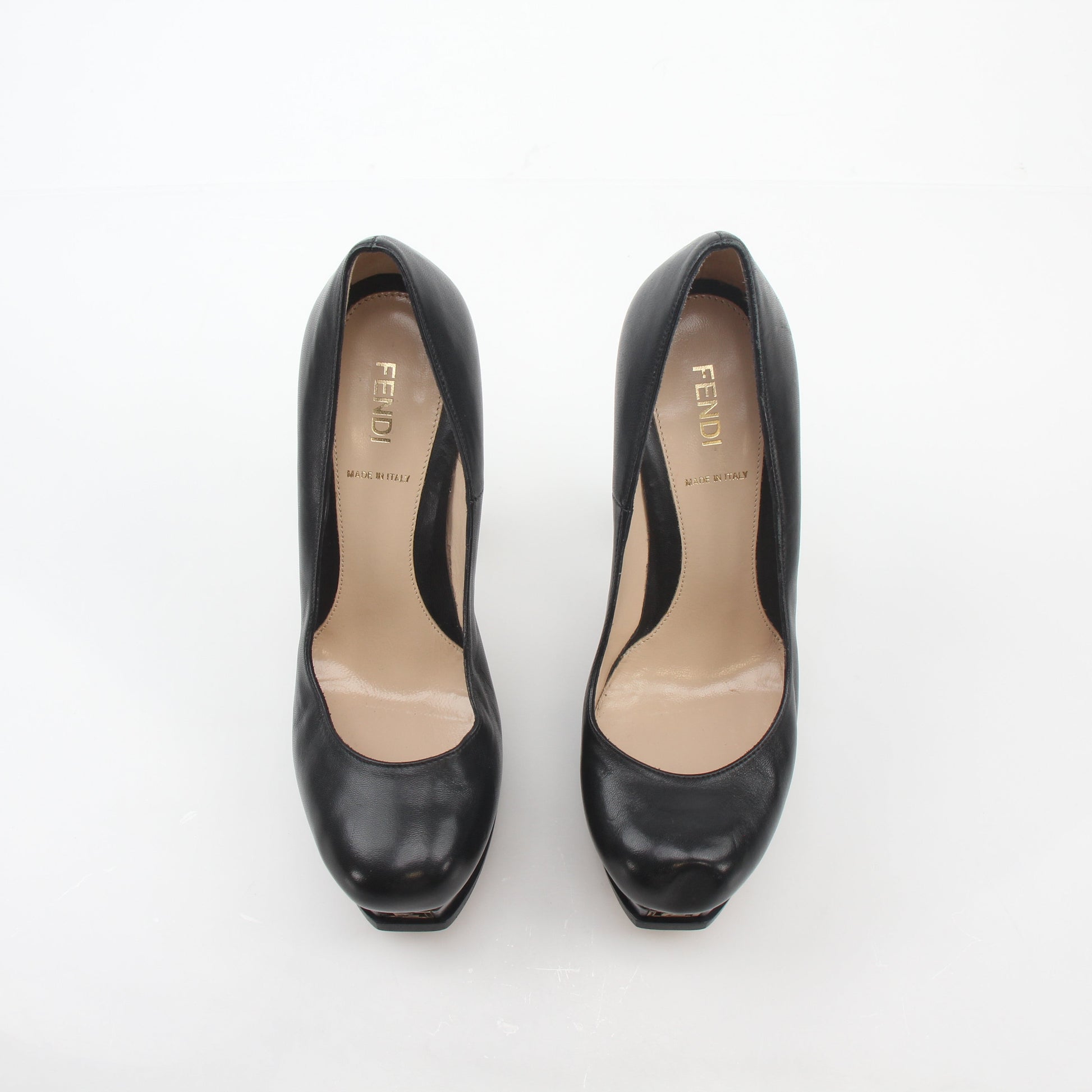 Black Fendi Fendista Nappa leather platform heels with chunky heel and ankle strap, designed by Gold & Beyond.