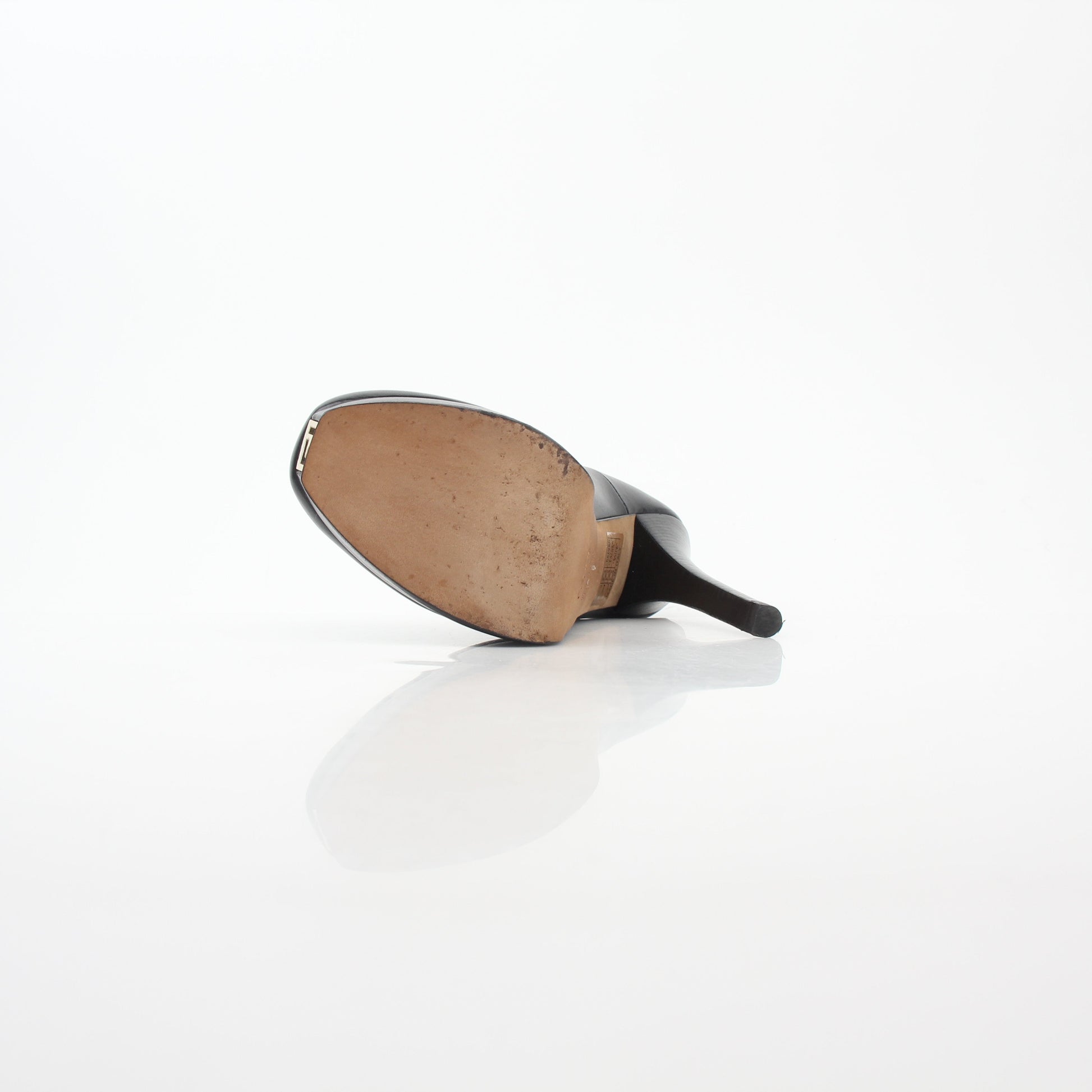 Black Fendi Fendista Nappa leather platform heels with chunky heel and ankle strap, by Gold & Beyond.