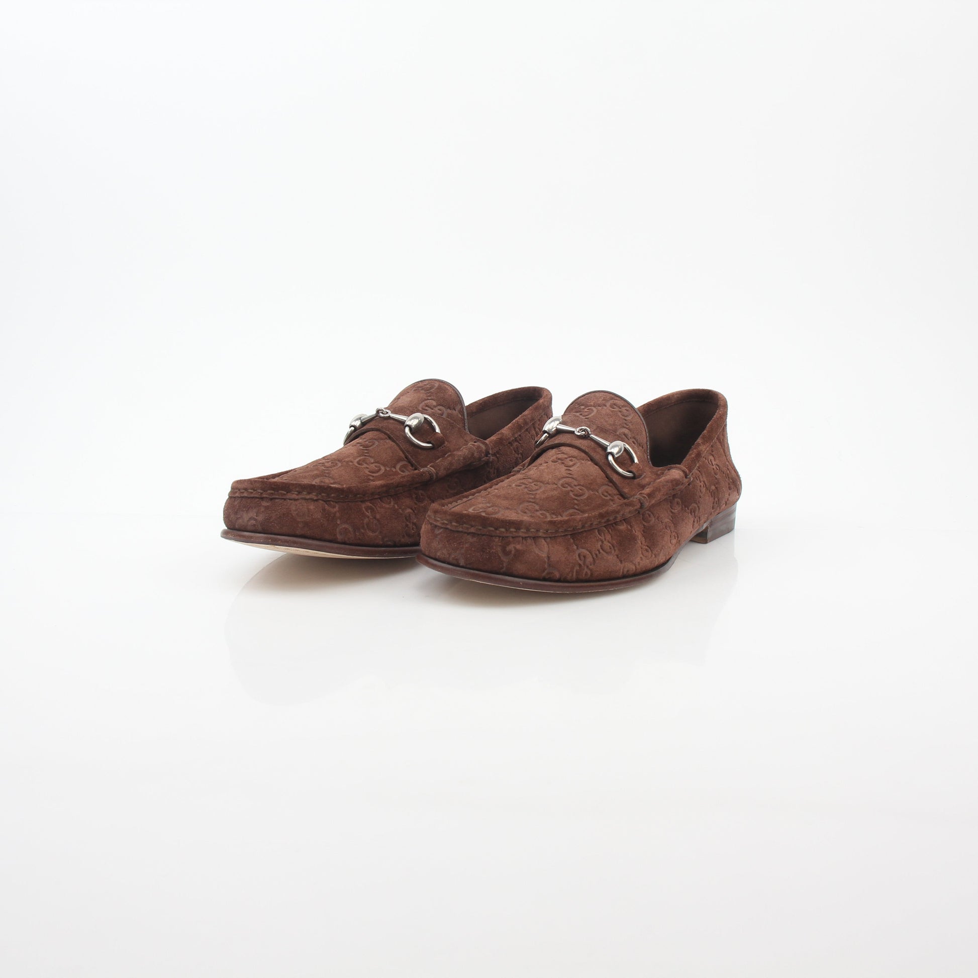 Gucci Brown GG Suede Horsebit 1953 Loafers, stylish men's shoes with gold horsebit detail and classic suede finish.