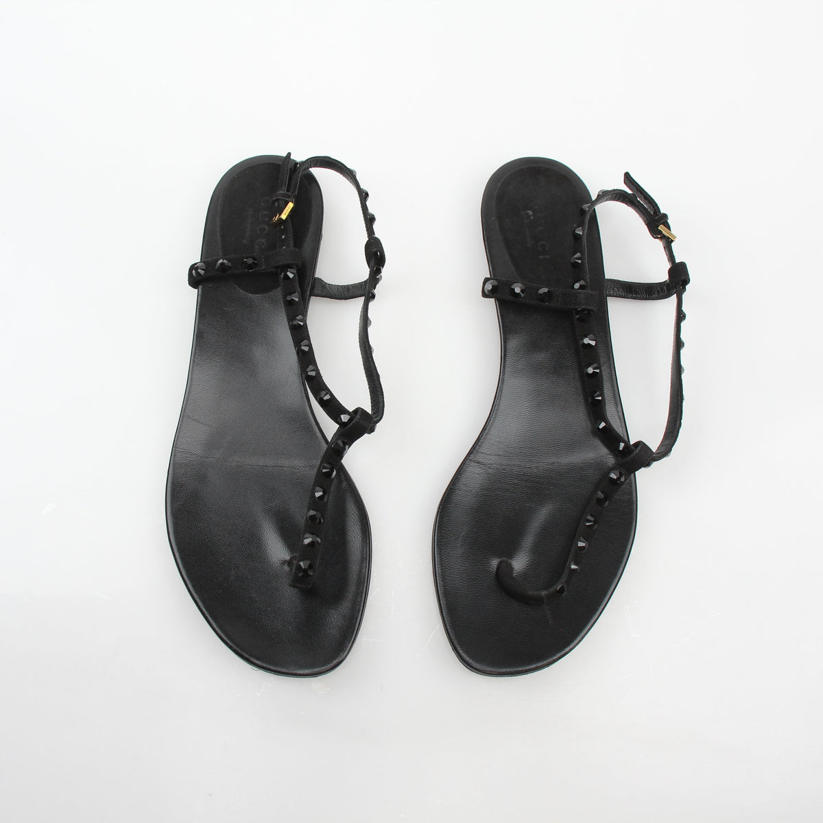 Gucci Black Crystal-Embellished T-Strap Flat Sandals