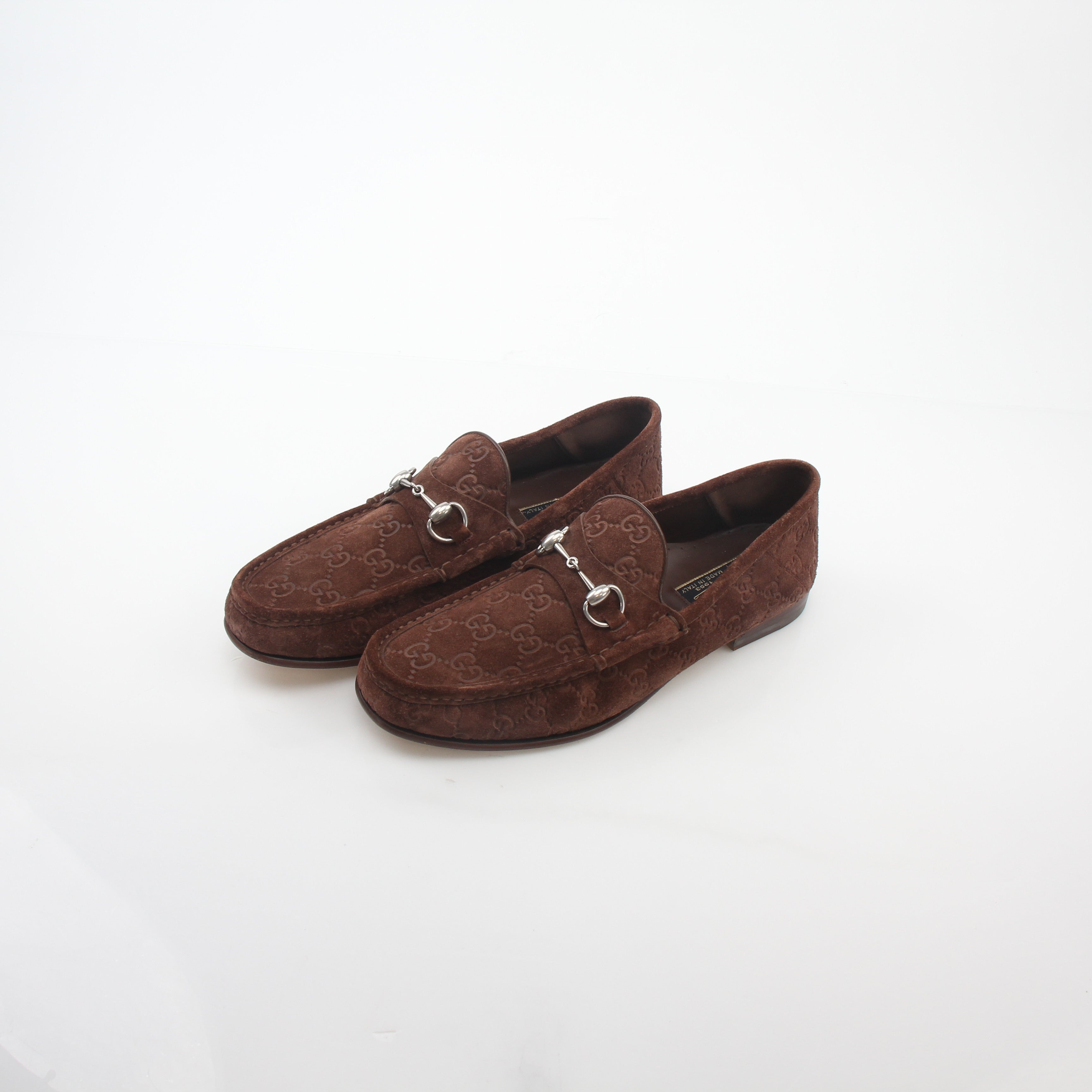 Gold & Beyond Gucci Brown GG Suede Horsebit 1953 Loafers, stylish men's shoes with classic horsebit detail and suede finish.