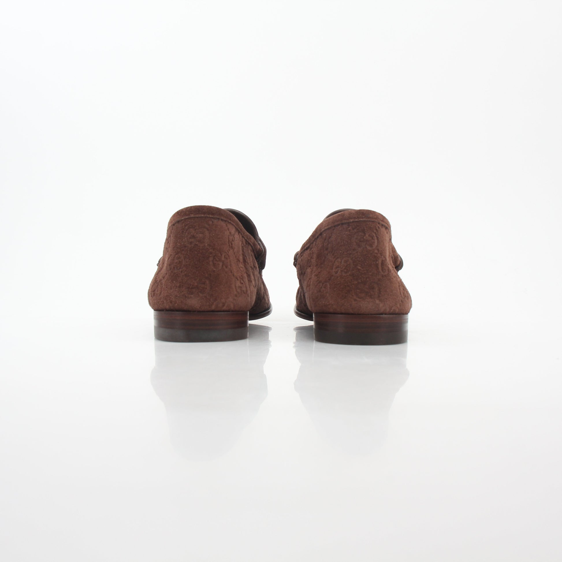 Gold & Beyond Gucci brown GG suede Horsebit 1953 loafers, stylish shoes with signature hardware and classic design.
