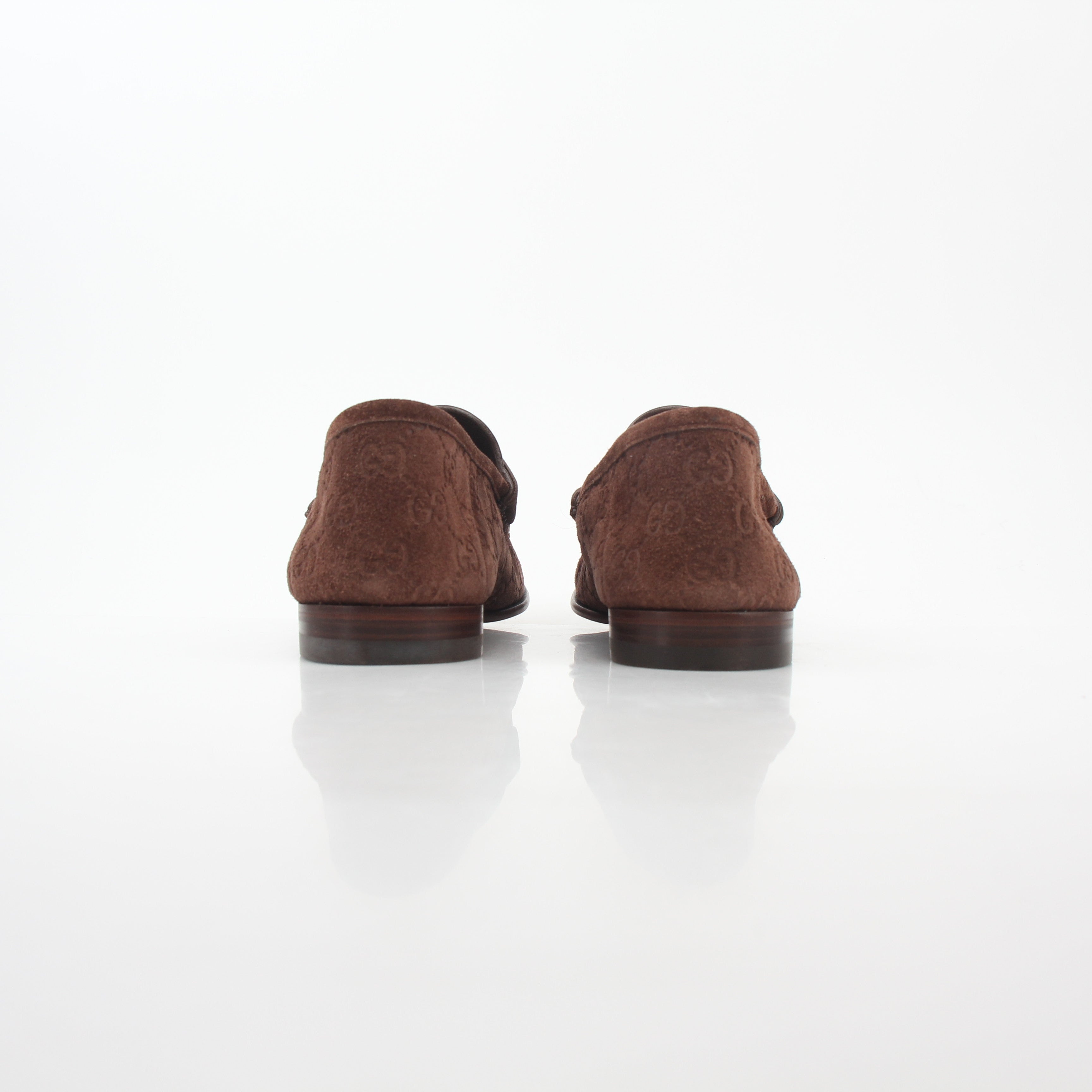 Gold & Beyond Gucci brown GG suede Horsebit 1953 loafers, stylish shoes with signature hardware and classic design.