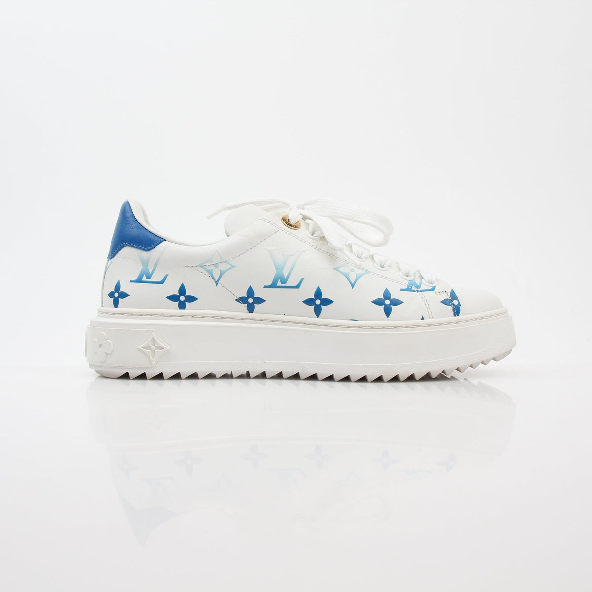 Louis Vuitton White and Blue Monogram Time Out Sneakers by Gold & Beyond, featuring stylish design and branded details.