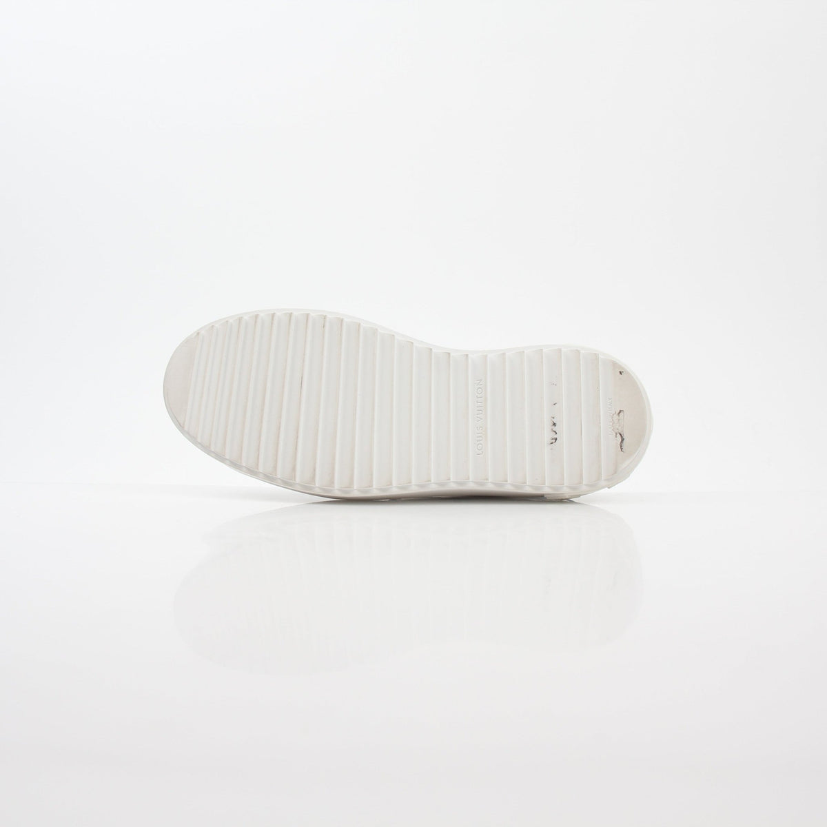 Louis Vuitton White and Blue Monogram Time Out Sneakers with gold accents, casual shoes, branded designer footwear.
