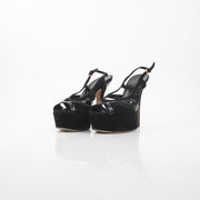 Gucci black suede and patent leather cutout platform slingback heels, stylish shoes with chunky heels and elegant design.