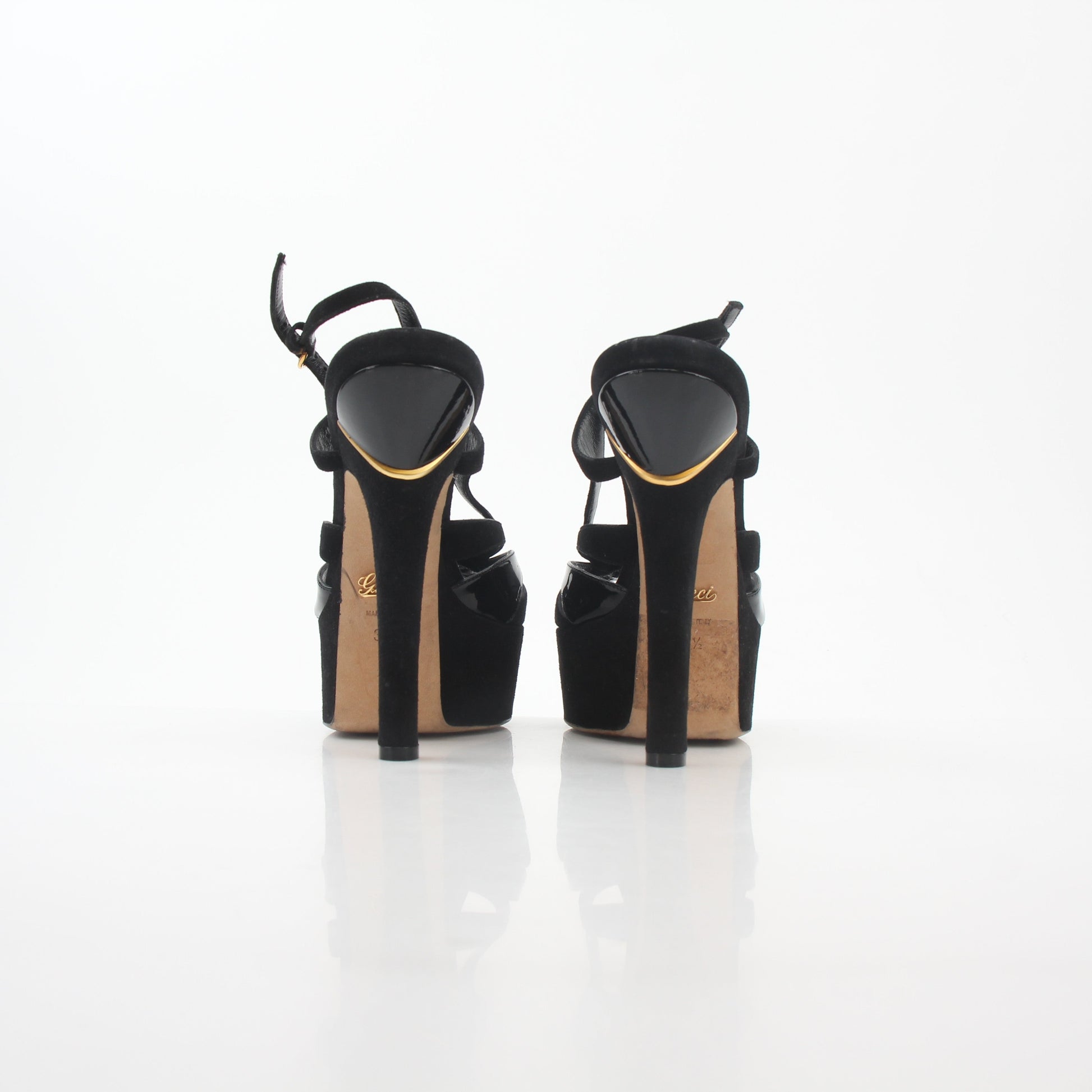 Gucci black suede and patent leather cutout platform slingback heels, stylish shoe with high heel and ankle straps.