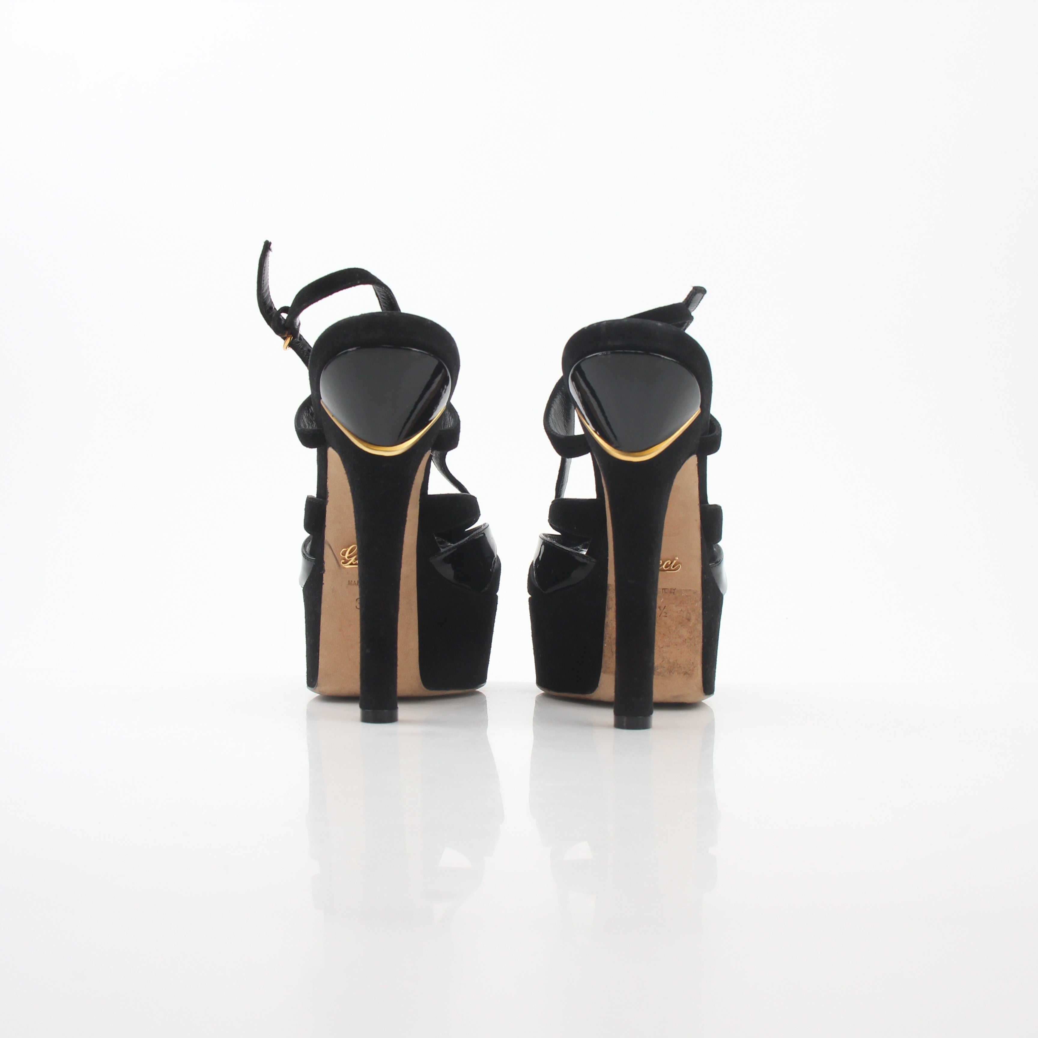 Gucci black suede and patent leather cutout platform slingback heels, stylish shoe with high heel and ankle straps.