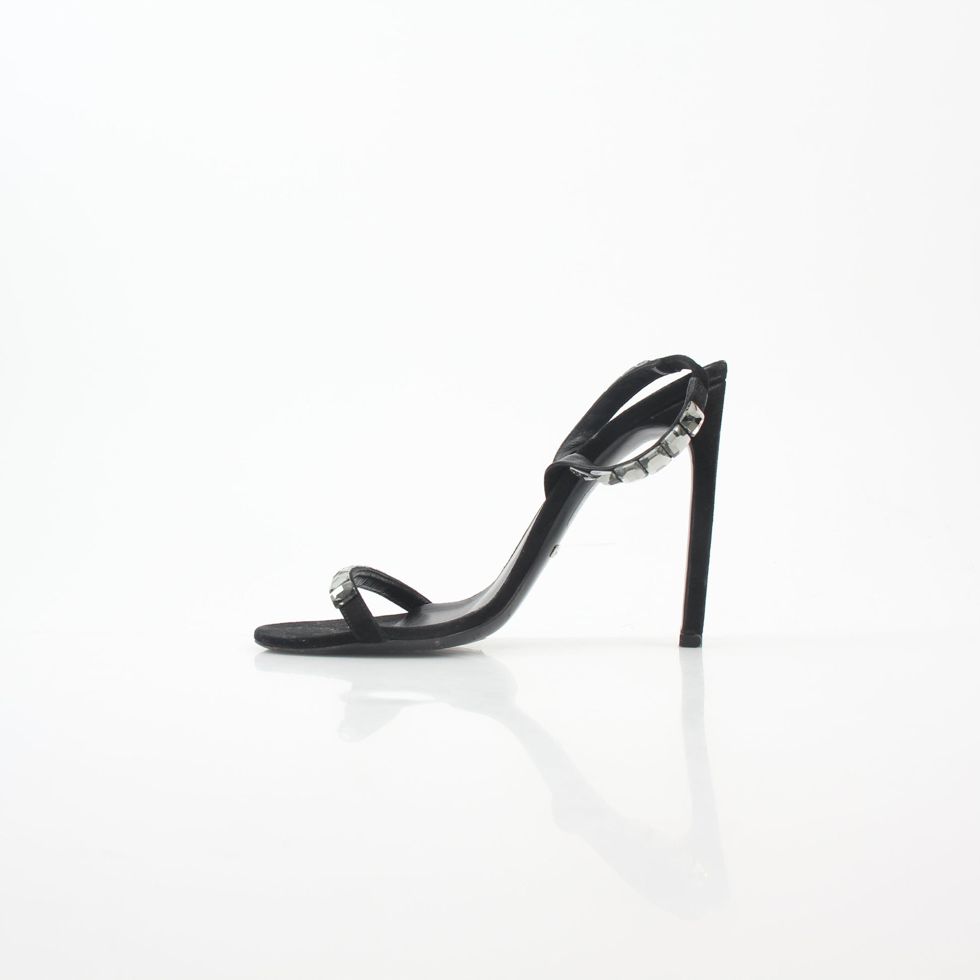 Gucci Black Mallory Crystal Suede Heels with elegant straps and sparkling embellishments, stylish women's footwear.